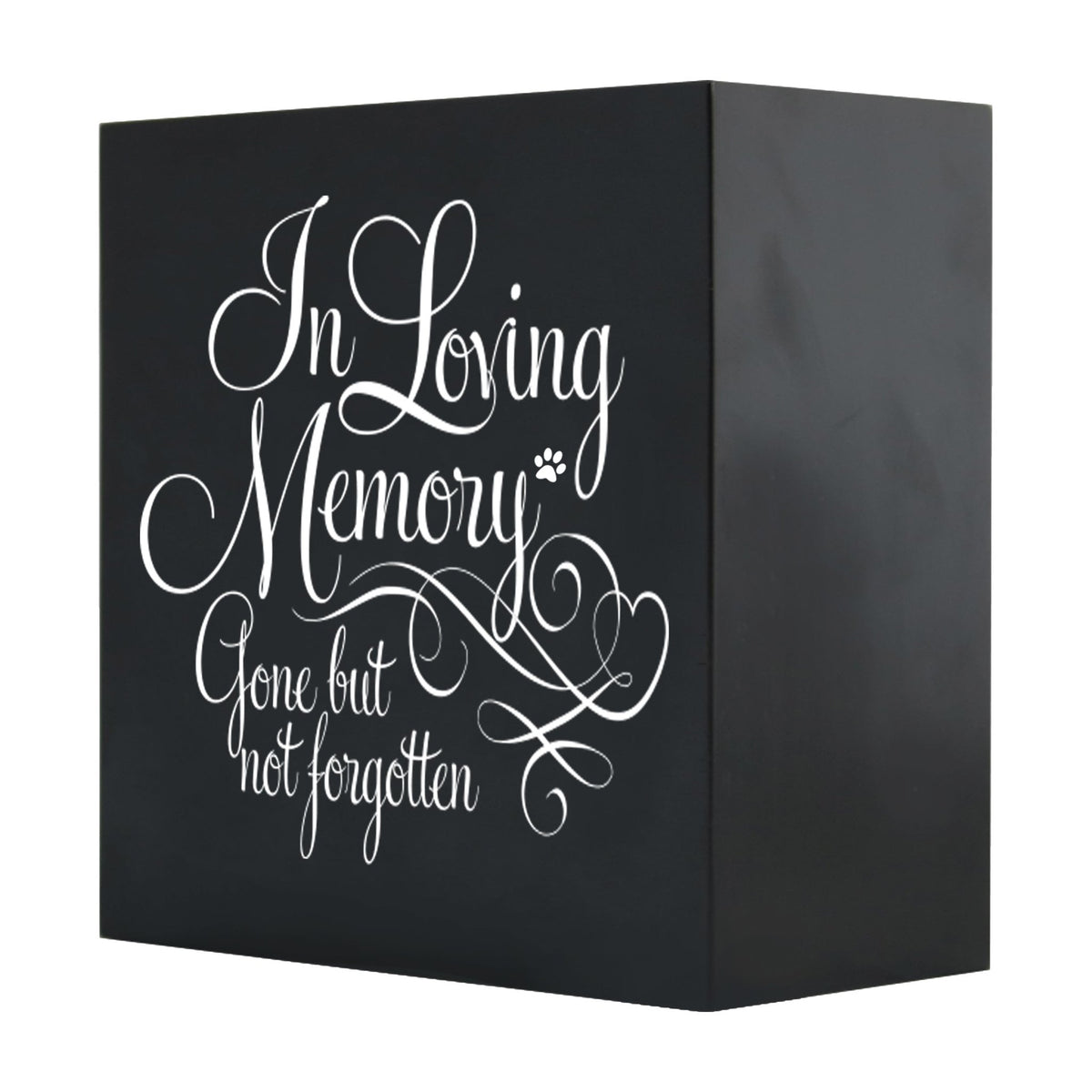 Close-up of a black Lifesong Milestones Memorial Shadow Box Urn For Pet Ashes with a moving inscription about love and loss, designed for displaying keepsakes and honoring a pet’s memory.