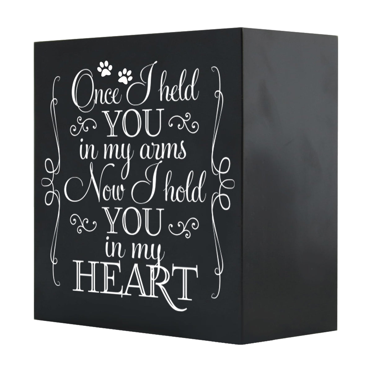 Close-up of a black Lifesong Milestones Memorial Shadow Box Urn For Pet Ashes with a moving inscription about love and loss, designed for displaying keepsakes and honoring a pet’s memory.