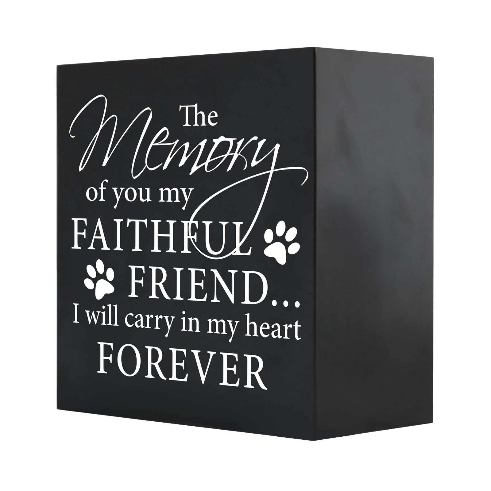 Close-up of a black Lifesong Milestones Memorial Shadow Box Urn For Pet Ashes with a moving inscription about love and loss, designed for displaying keepsakes and honoring a pet’s memory.
