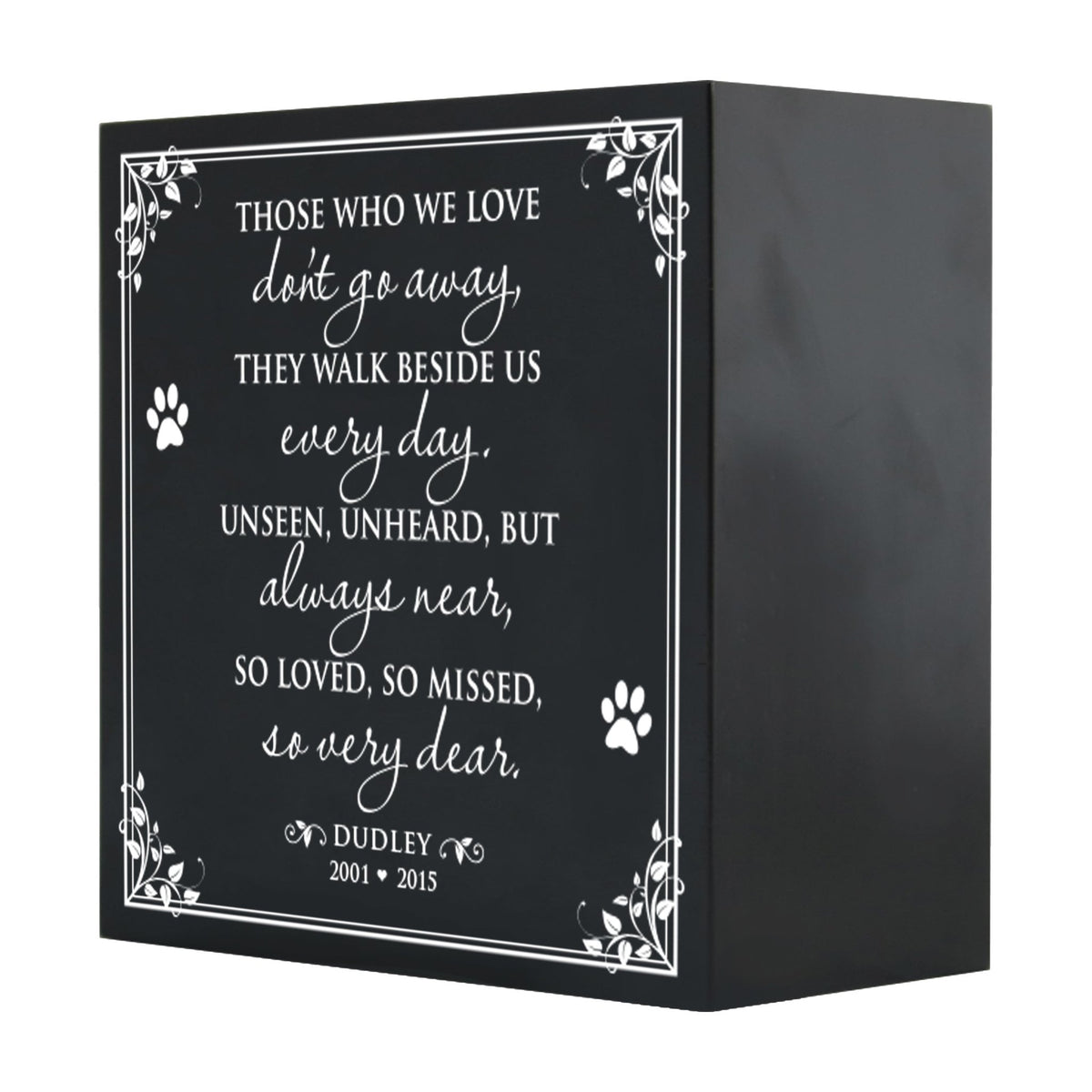 Close-up of a black Lifesong Milestones Memorial Shadow Box Urn For Pet Ashes with a moving inscription about love and loss, designed for displaying keepsakes and honoring a pet’s memory.