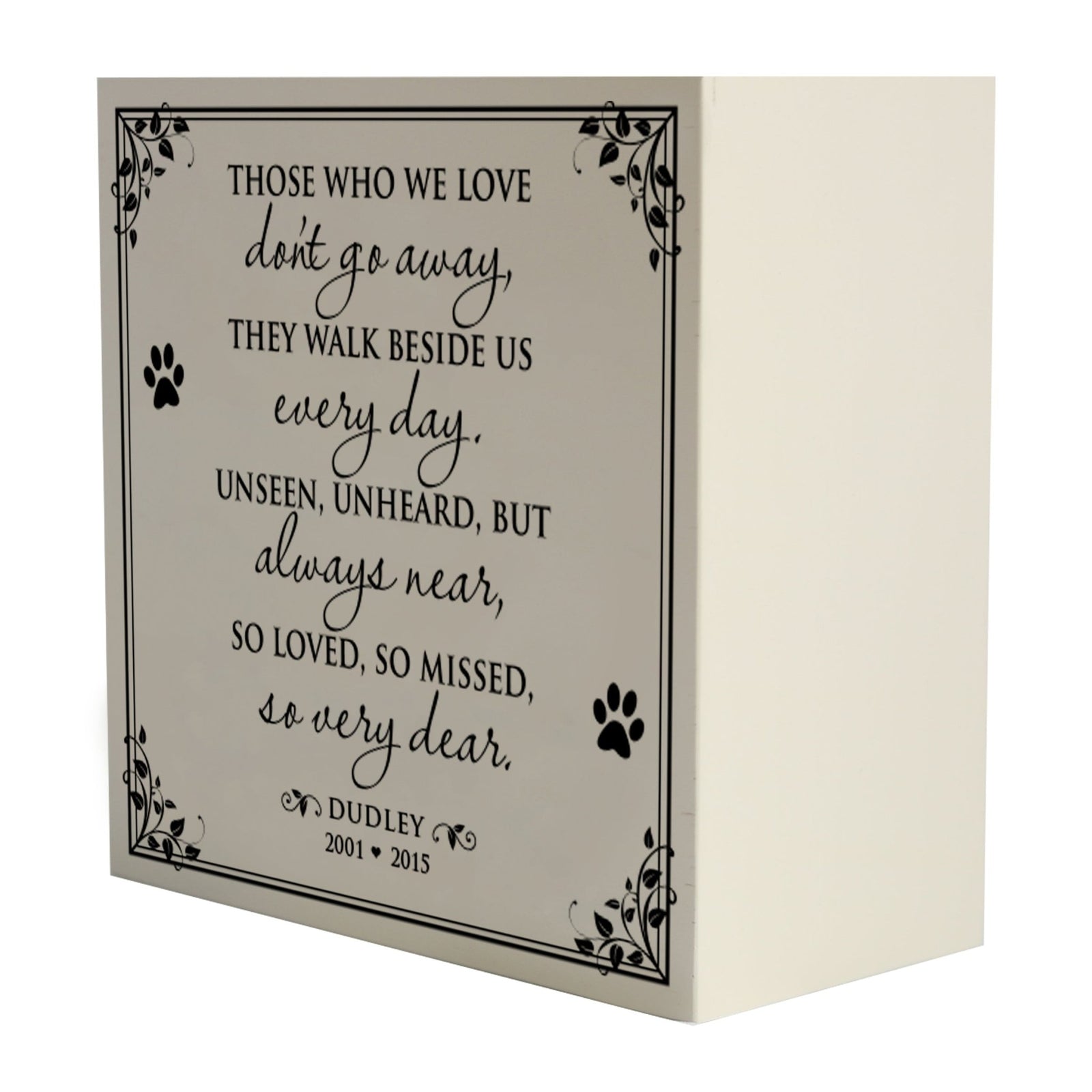 Lifesong Milestones Memorial Shadow Box Urn For Pet Ashes in white, featuring an elegant script with a heartfelt message. A touching tribute to a beloved pet's memory.