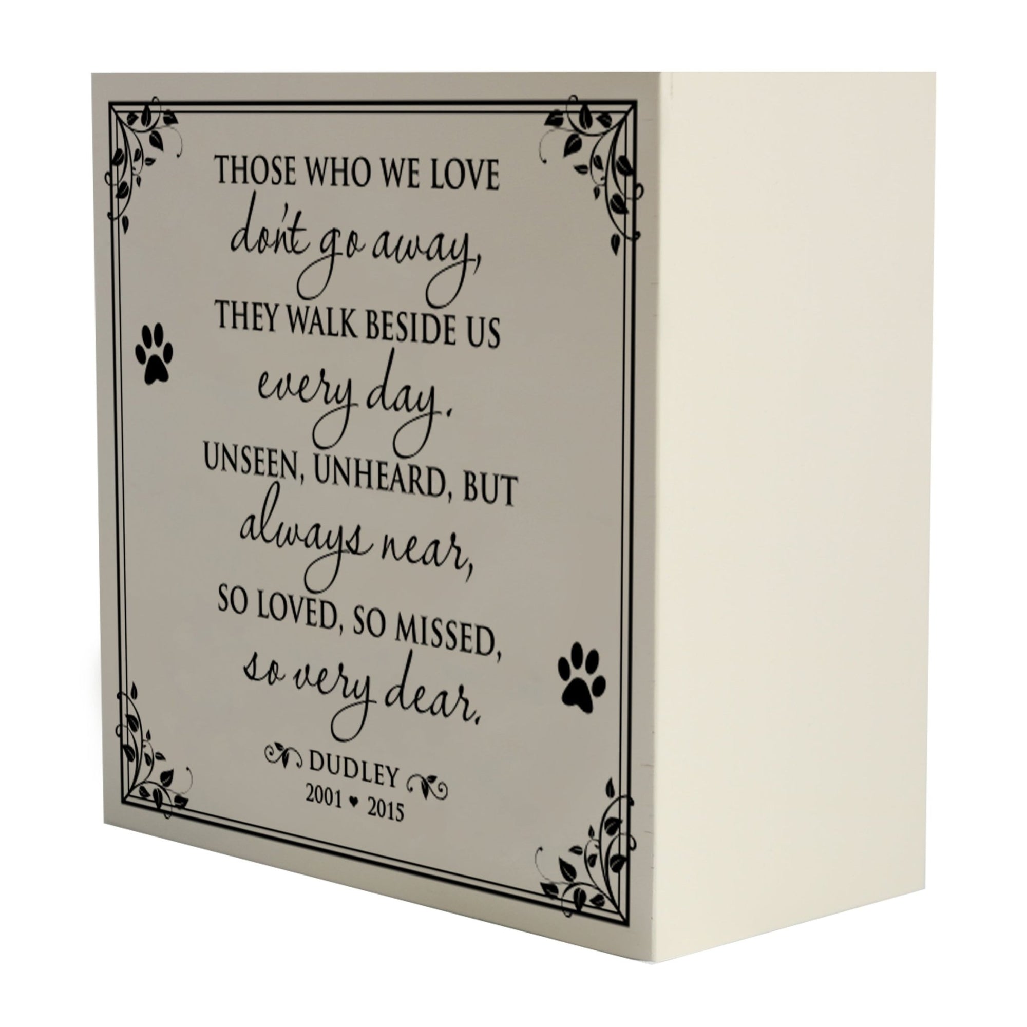 Lifesong Milestones Memorial Shadow Box Urn For Pet Ashes in white, featuring an elegant script with a heartfelt message. A touching tribute to a beloved pet's memory.