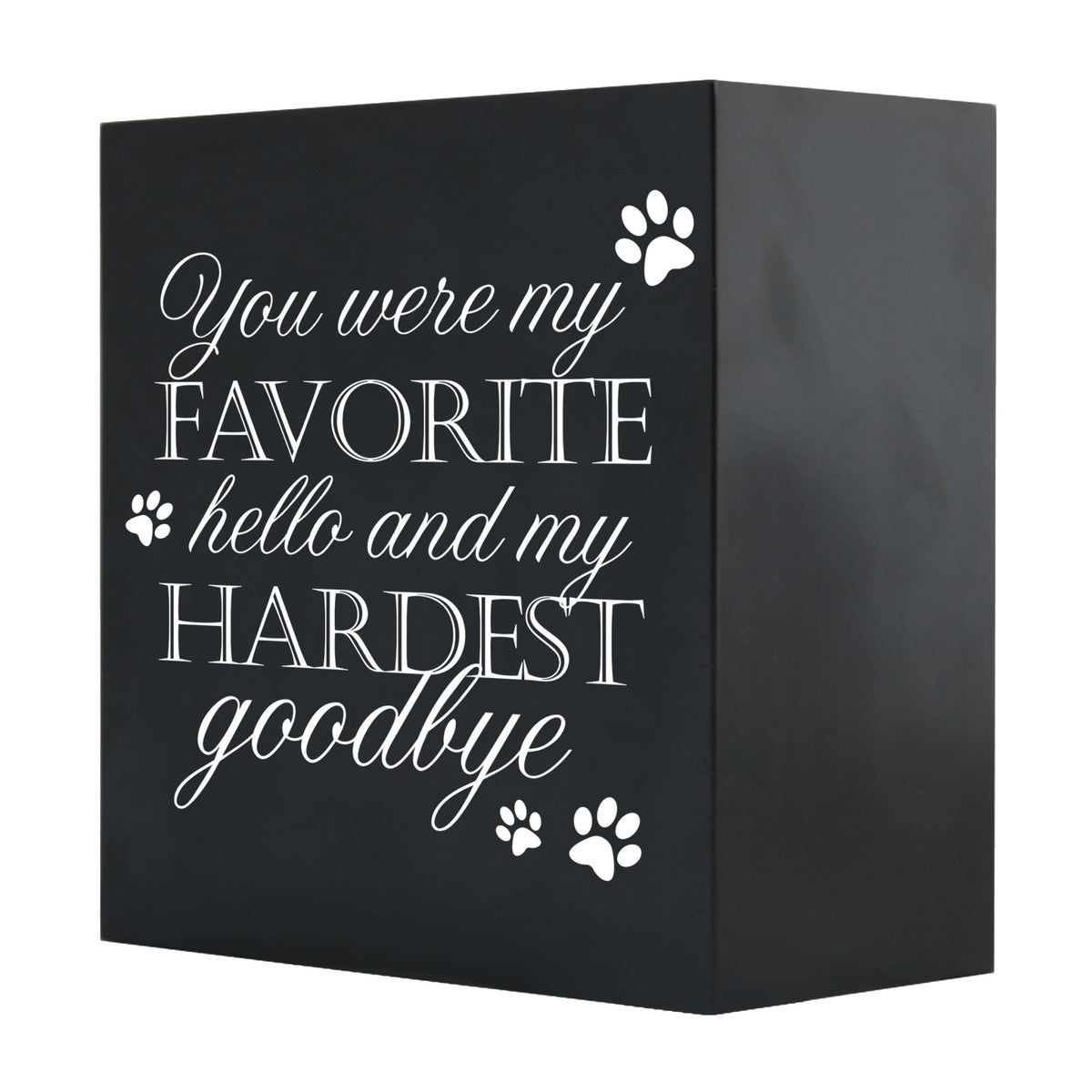 Close-up of a black Lifesong Milestones Memorial Shadow Box Urn For Pet Ashes with a moving inscription about love and loss, designed for displaying keepsakes and honoring a pet’s memory.