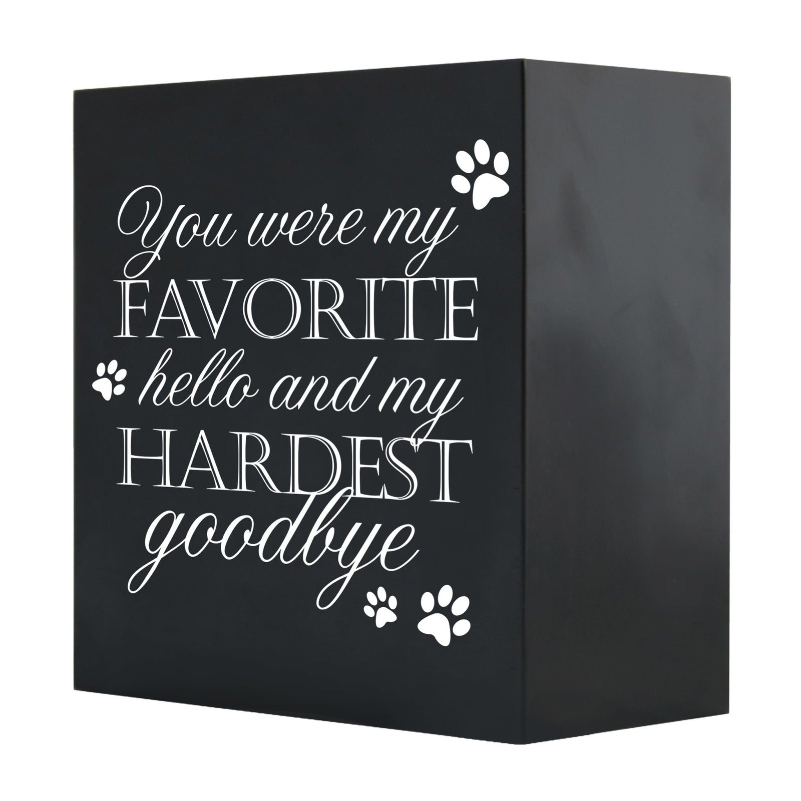 Close-up of a black Lifesong Milestones Memorial Shadow Box Urn For Pet Ashes with a moving inscription about love and loss, designed for displaying keepsakes and honoring a pet’s memory.