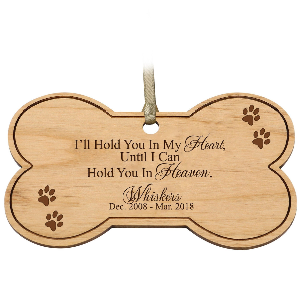 Pet Memorial Wooden Bone Ornament - I&#39;ll Hold You In My Heart - LifeSong Milestones