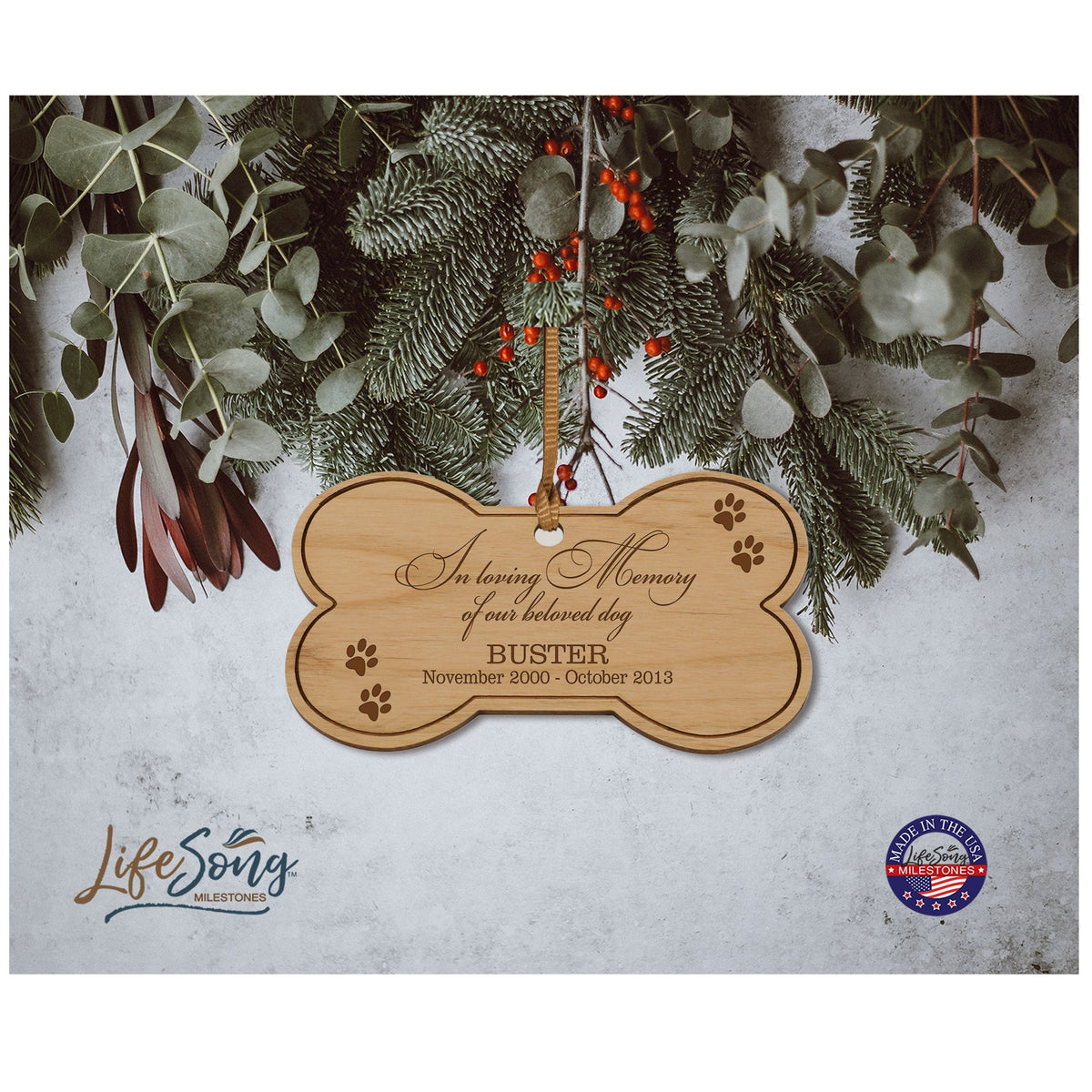 Pet Memorial Wooden Bone Ornament - In Loving Memory - LifeSong Milestones