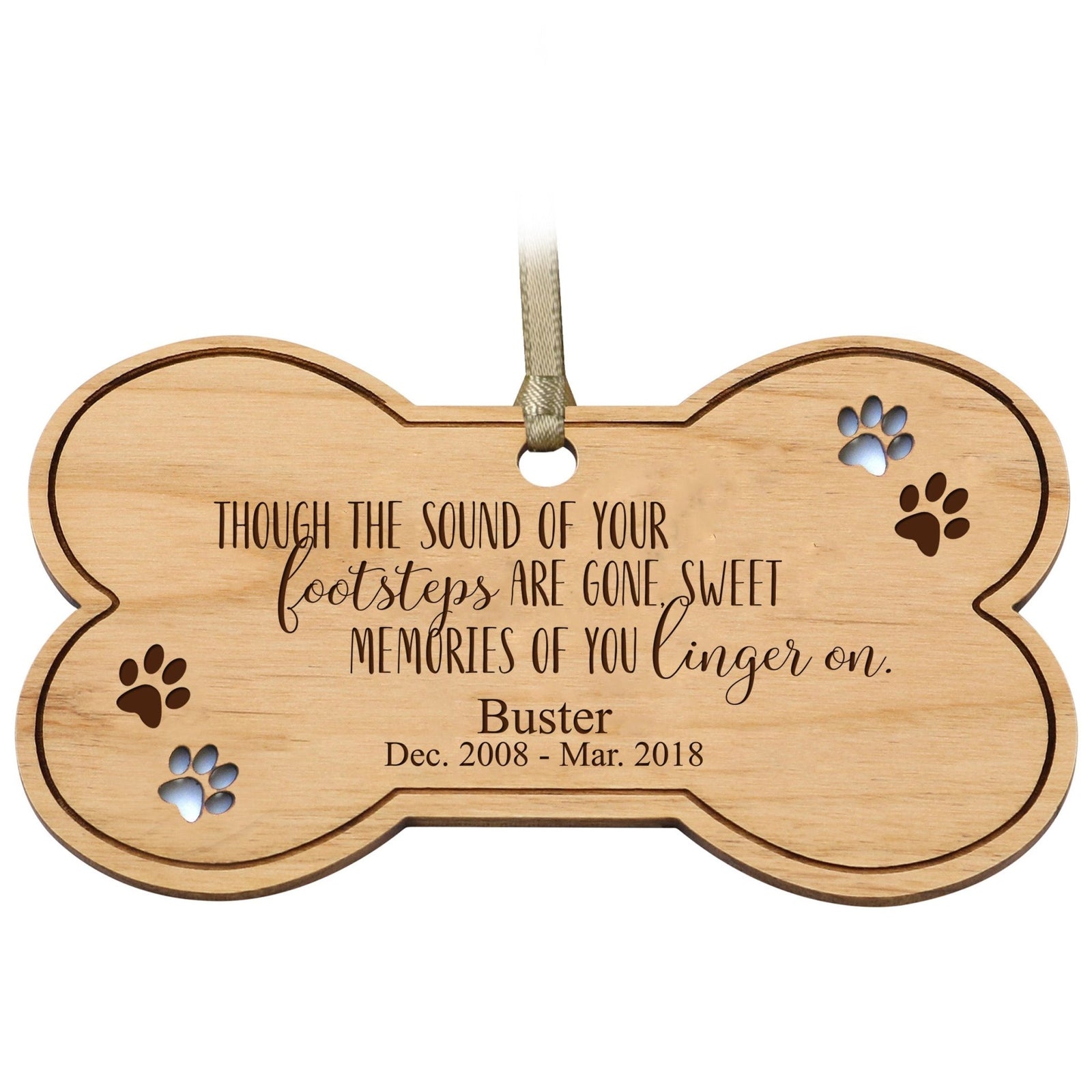 Pet Memorial Wooden Bone Ornament - Though The Sound Of Your Footsteps - LifeSong Milestones