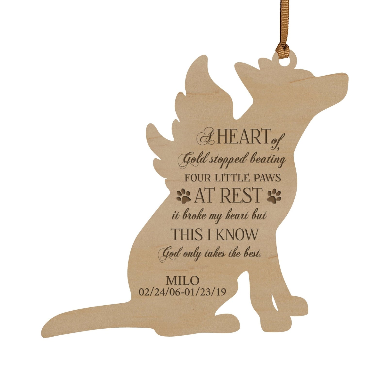 Pet Memorial Wooden Dog or Cat Ornament - A Heart of Gold - LifeSong Milestones