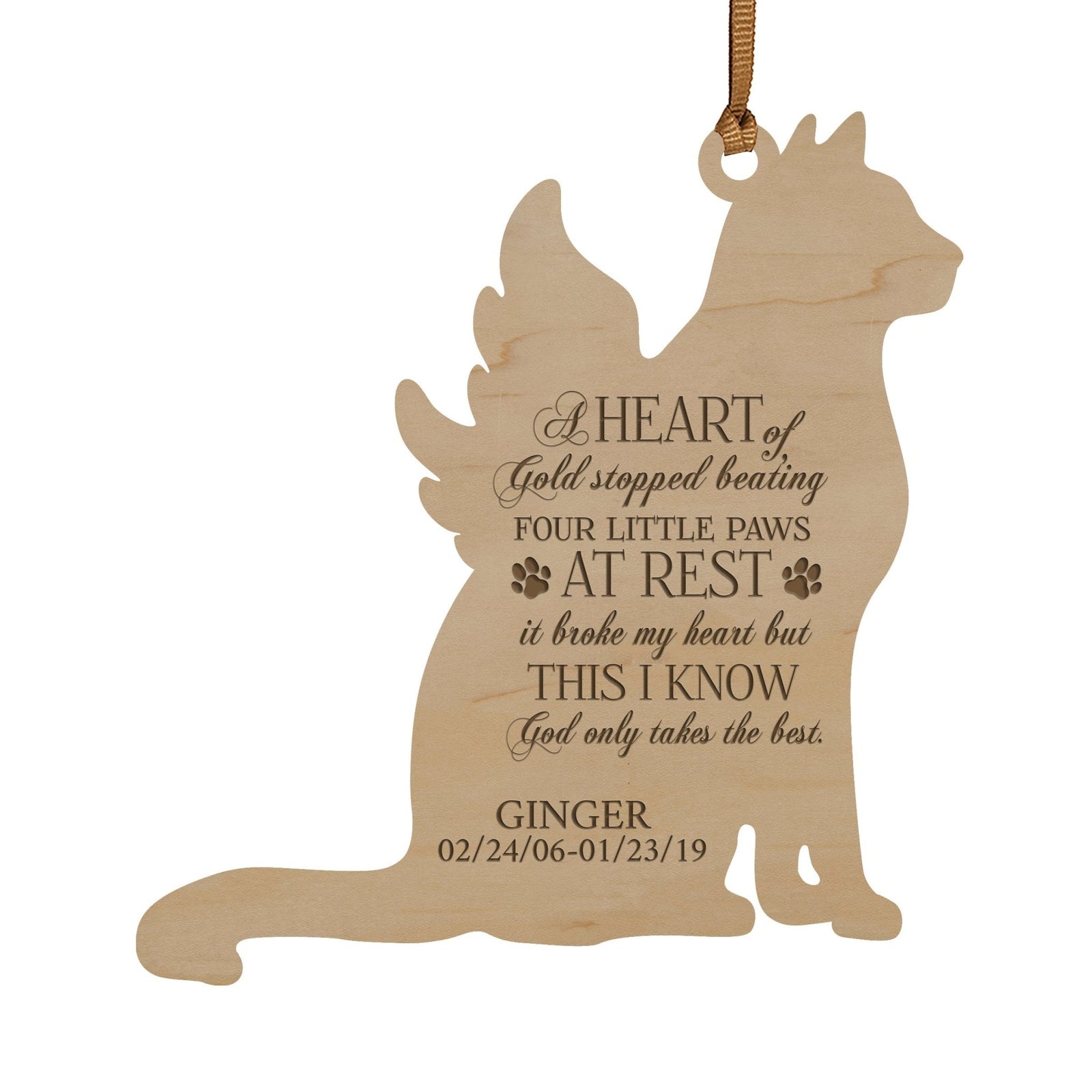 Pet Memorial Wooden Dog or Cat Ornament - A Heart of Gold - LifeSong Milestones