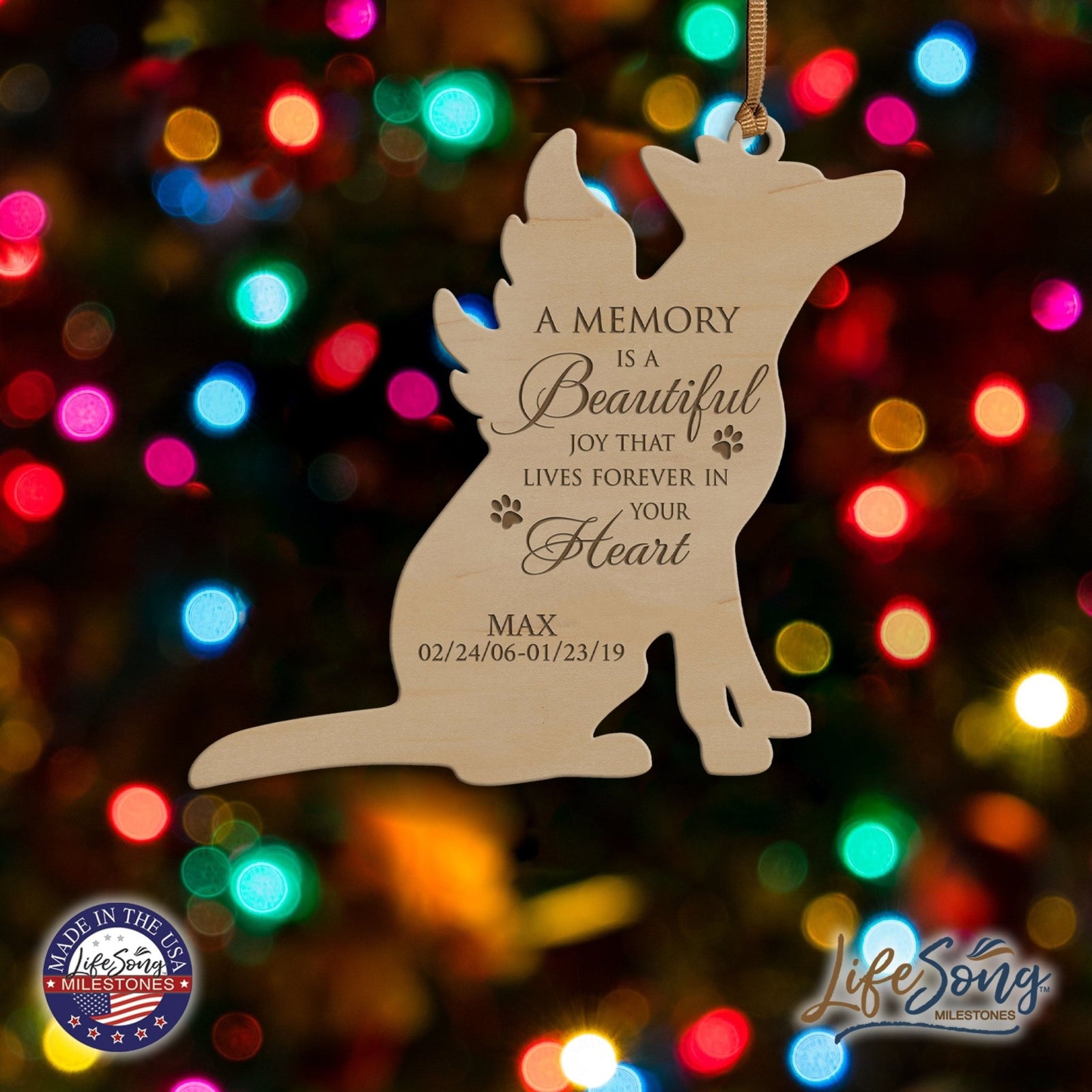 Pet Memorial Wooden Dog or Cat Ornament - A Memory Is A Beautiful Joy - LifeSong Milestones