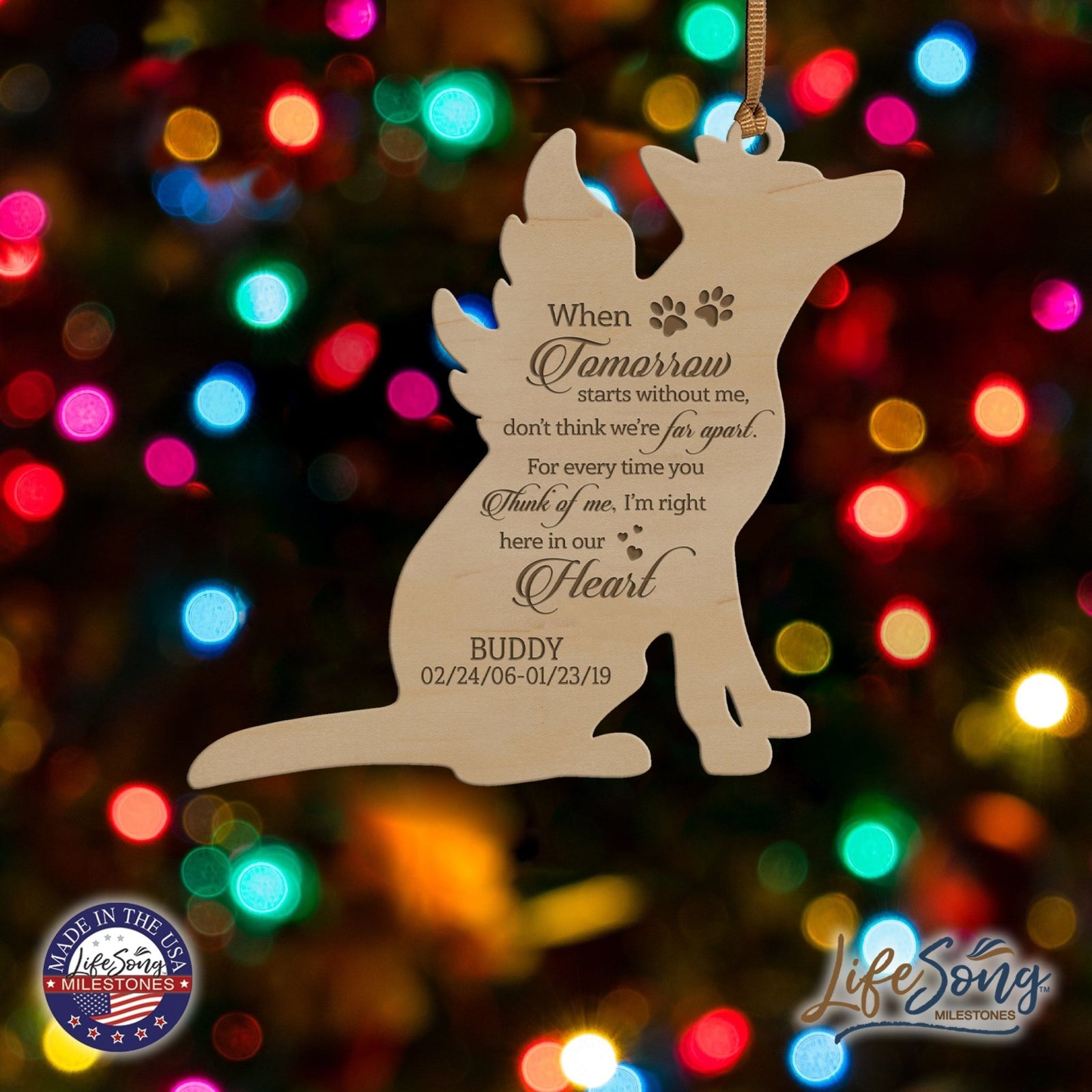 Pet Memorial Wooden Dog or Cat Ornament - When Tomorrow Starts Without Me - LifeSong Milestones