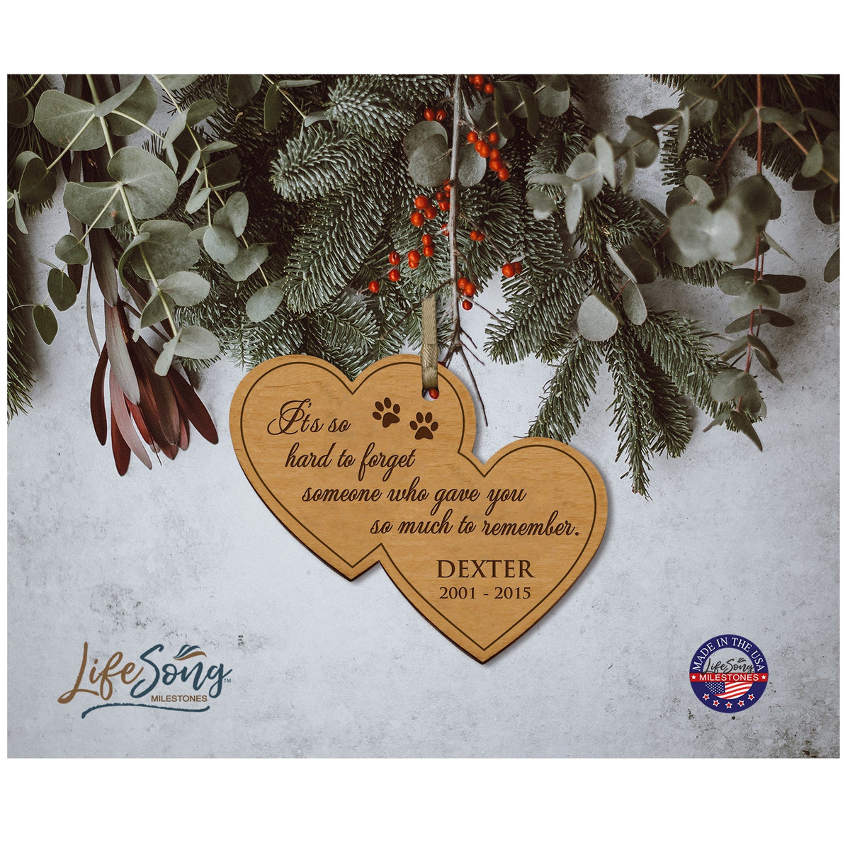 Pet Memorial Wooden Double Heart Ornament - It's So Hard To Forget - LifeSong Milestones
