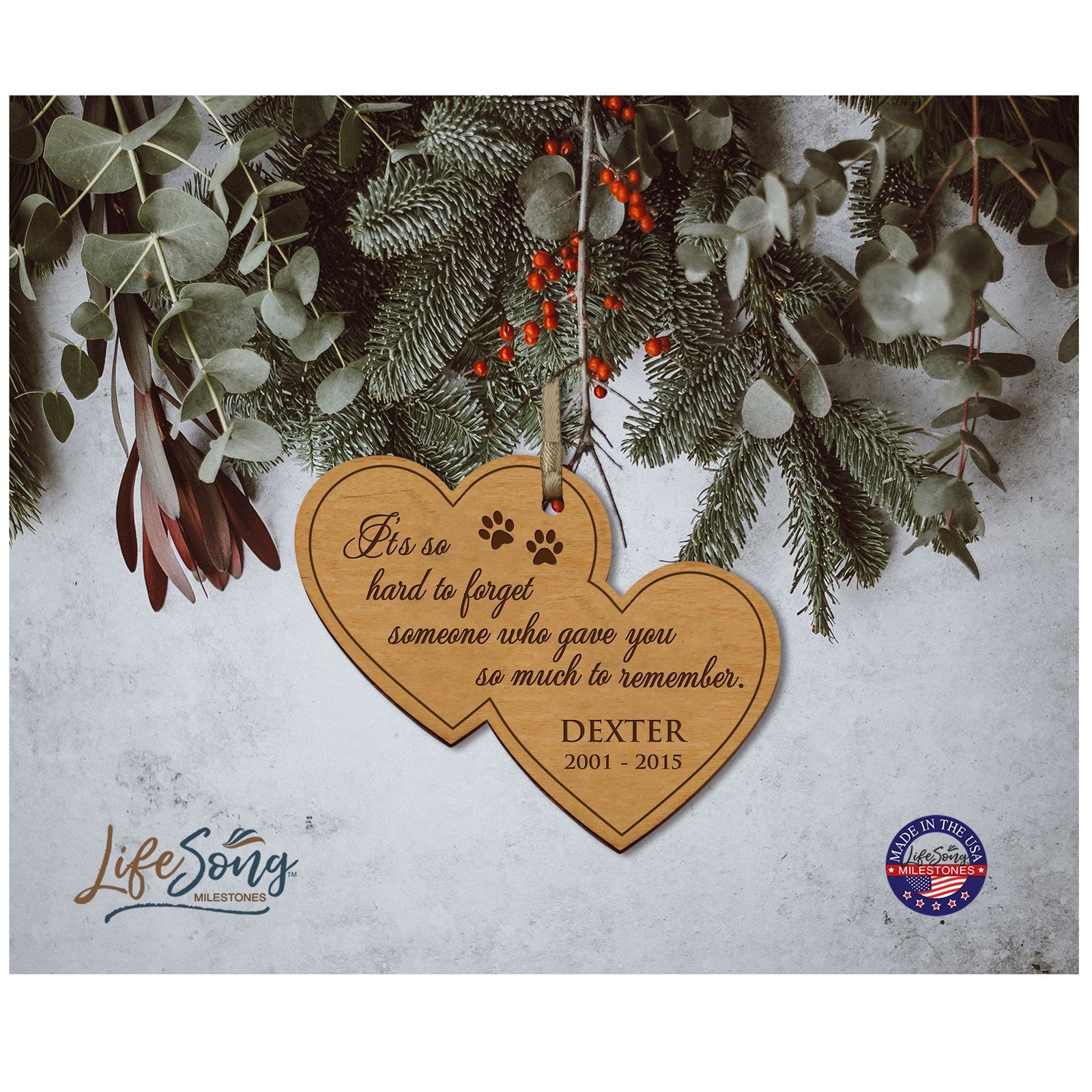Pet Memorial Wooden Double Heart Ornament - It's So Hard To Forget - LifeSong Milestones