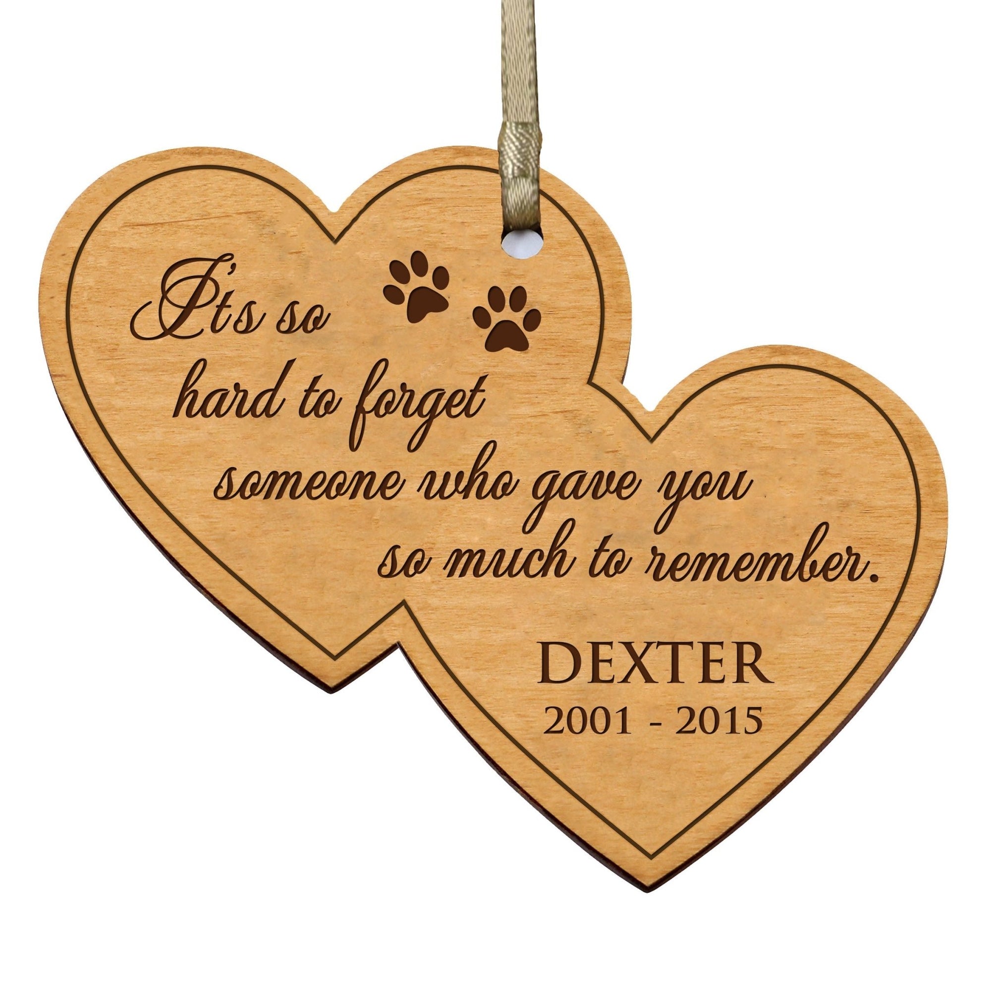 Pet Memorial Wooden Double Heart Ornament - It's So Hard To Forget - LifeSong Milestones