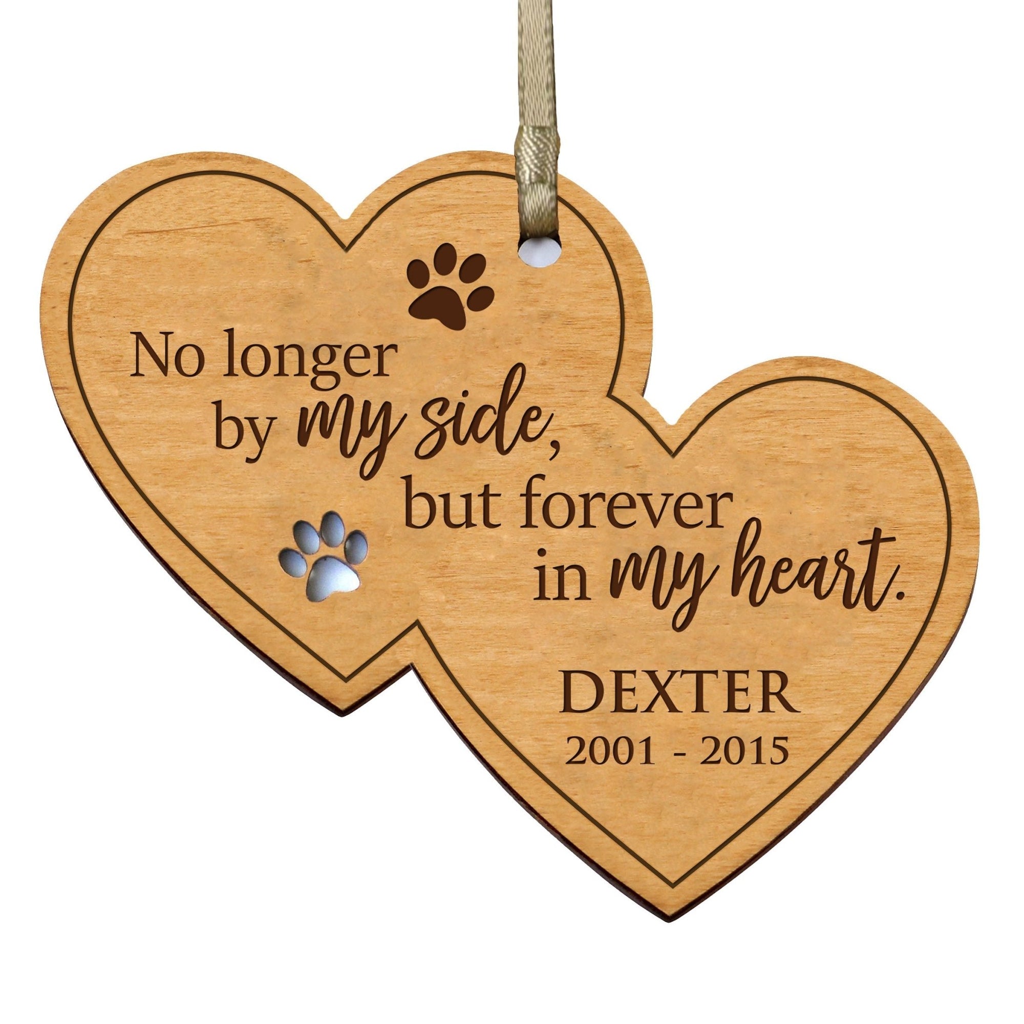 Pet Memorial Wooden Double Heart Ornament - No Longer By My Side - LifeSong Milestones