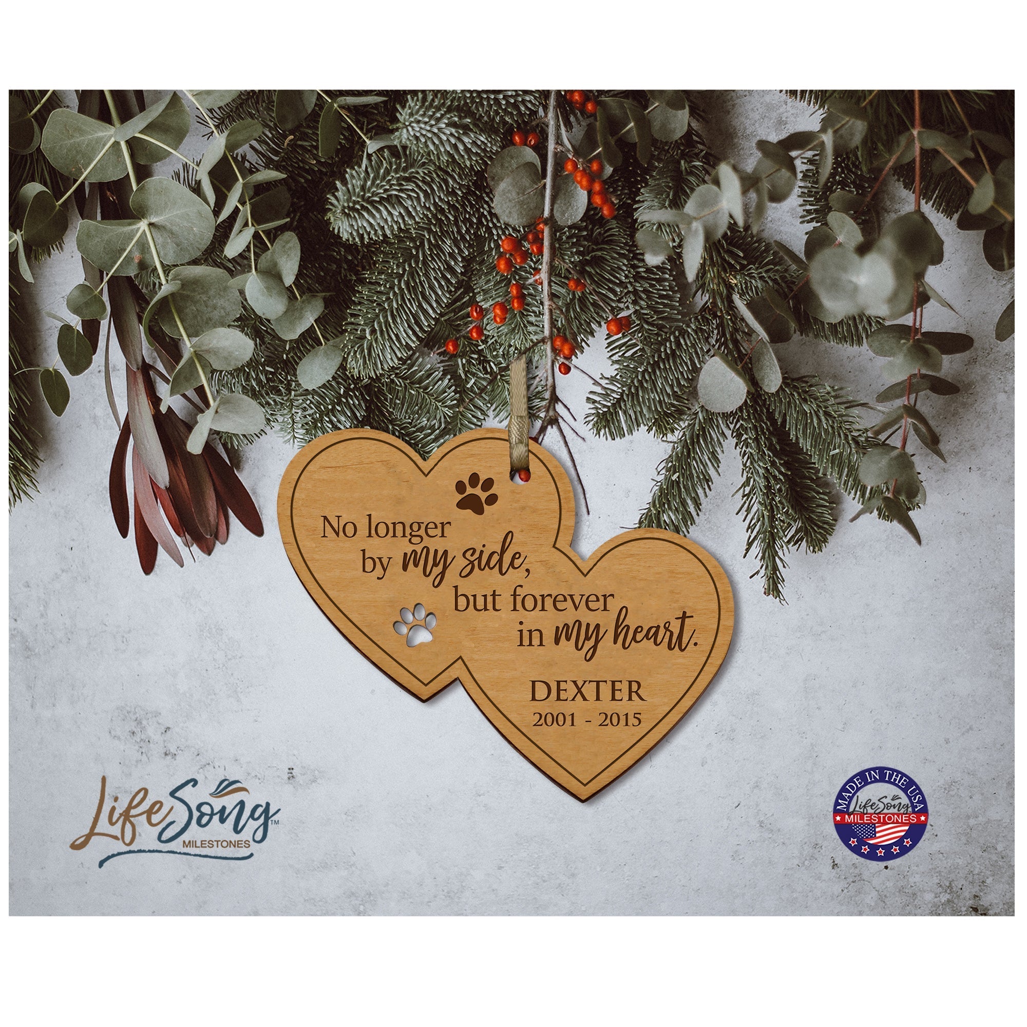 Pet Memorial Wooden Double Heart Ornament - No Longer By My Side - LifeSong Milestones