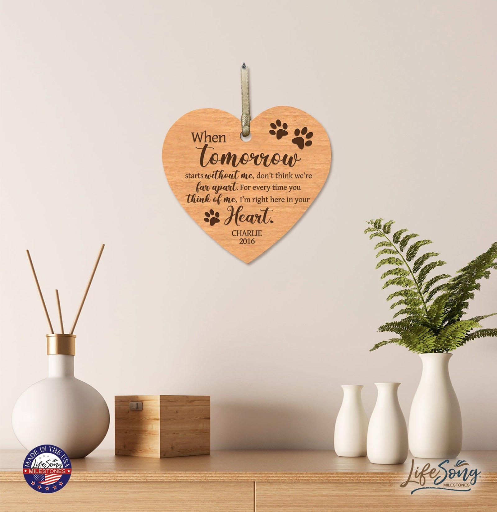 Pet Memorial Wooden Heart Ornament - When Tomorrow Starts - LifeSong Milestones