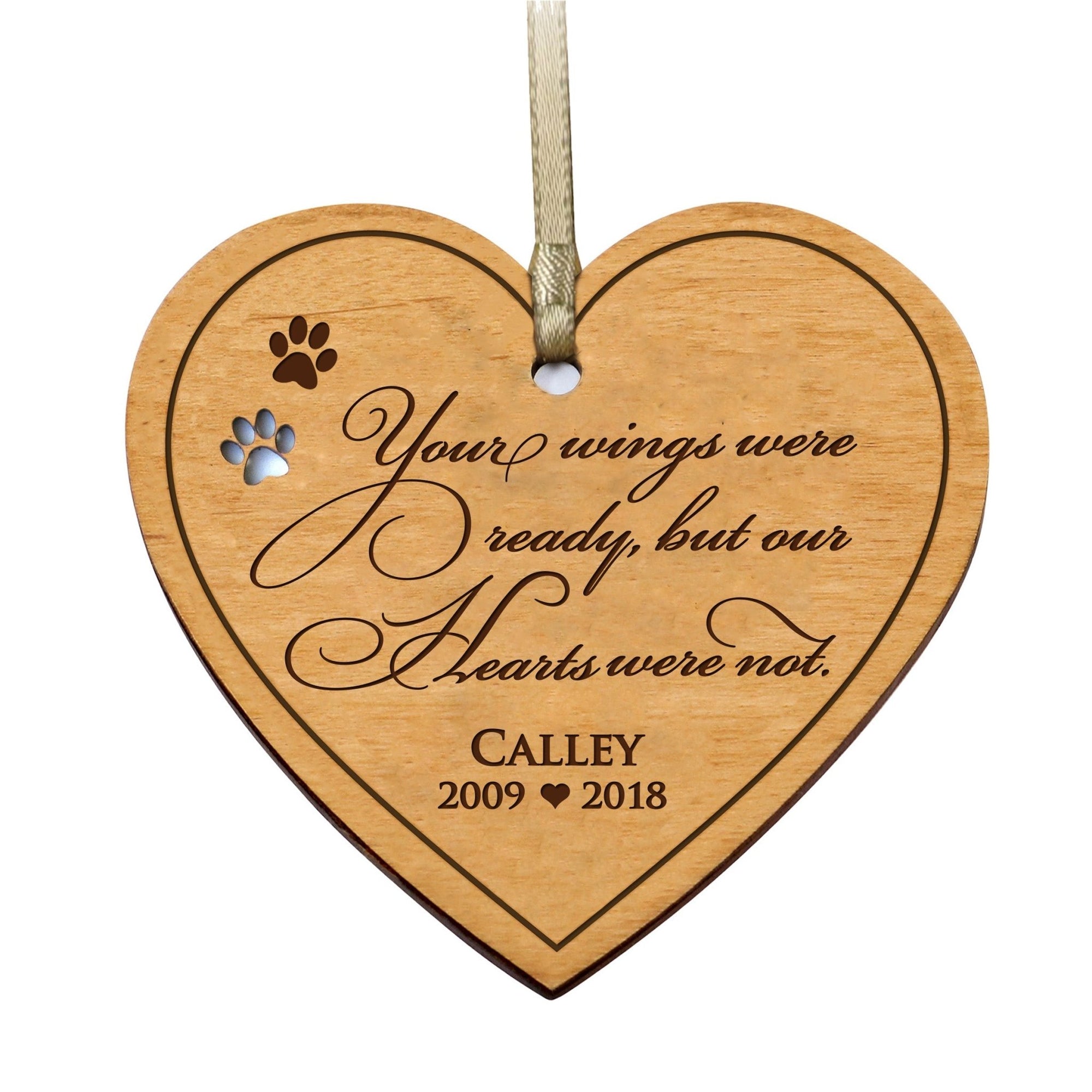 Pet Memorial Wooden Heart Ornament - Your Wings Were Ready - LifeSong Milestones