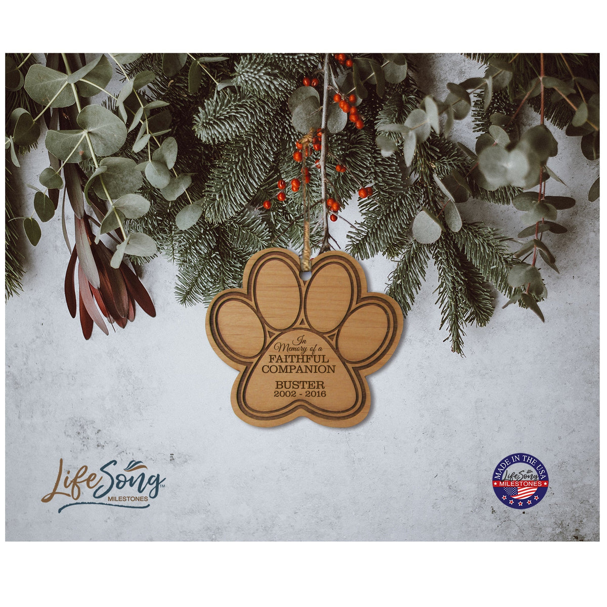 Pet Memorial Wooden Paw Print Ornament - In Memory Of A Faithful Companion - LifeSong Milestones