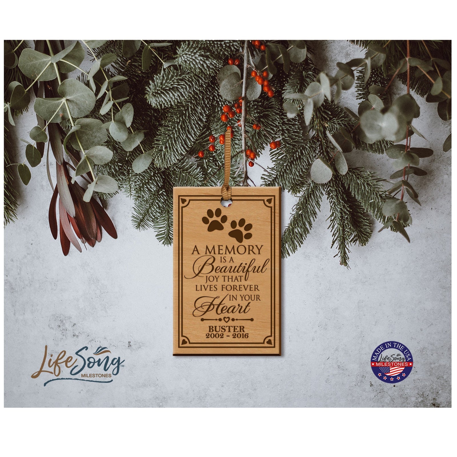 Pet Memorial Wooden Pendant Ornament - A Memory Is A Beautiful Joy - LifeSong Milestones