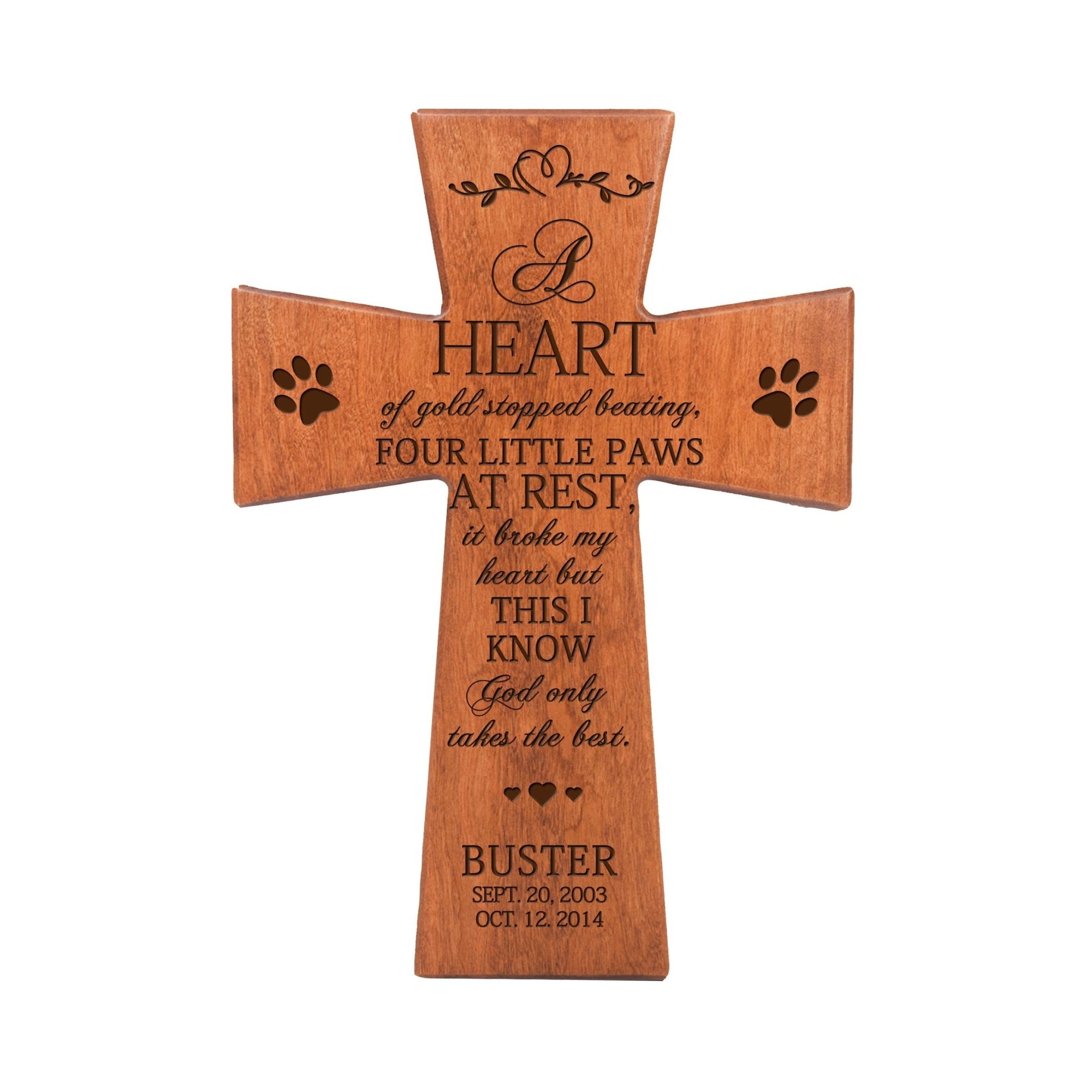 Pet Memorial Wooden Wall Cross - A Heart of Gold - LifeSong Milestones