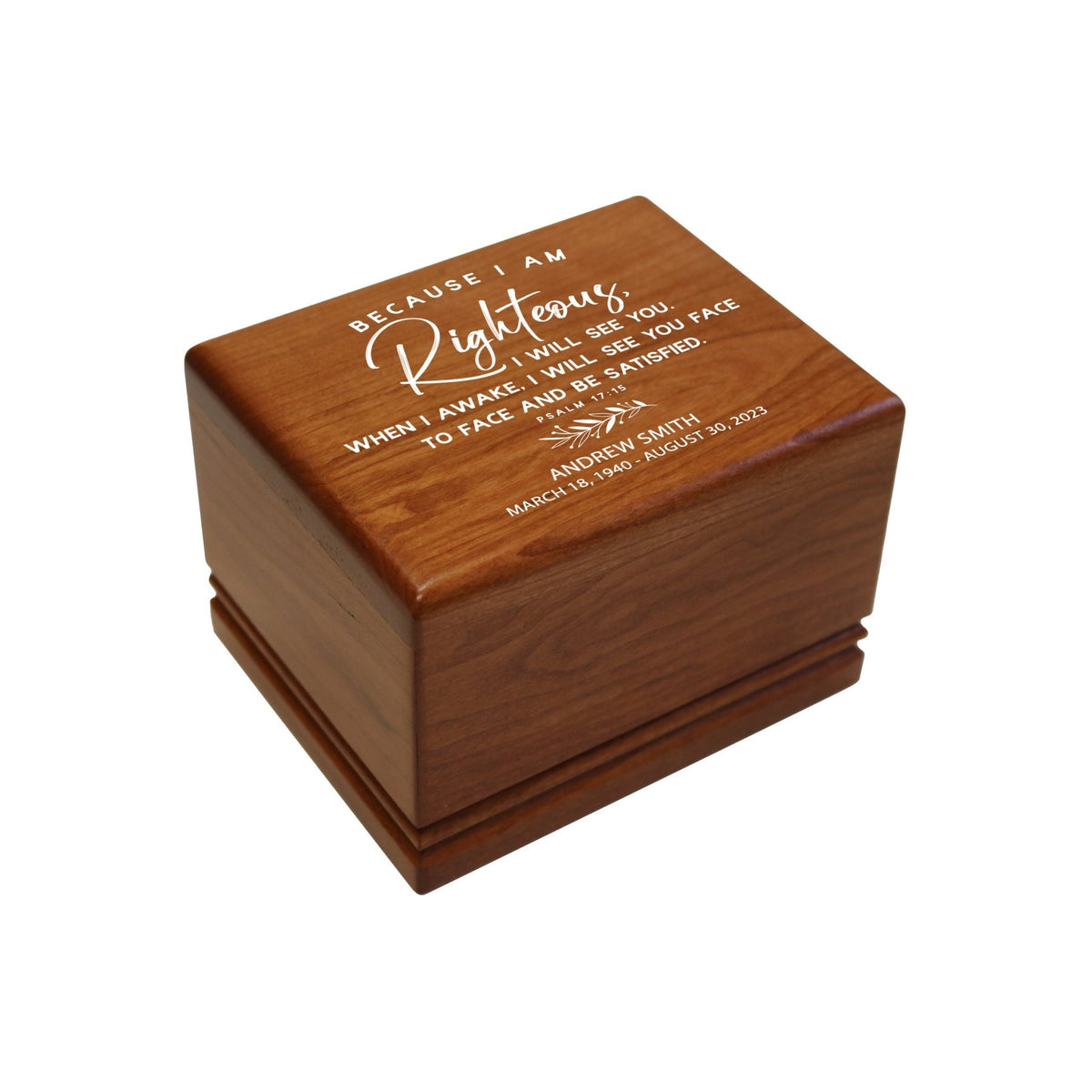 Religious Shoebox Urn - Because I am Righteous Memorial - Faith-Based Cherry Wood Keepsake - LifeSong Milestones