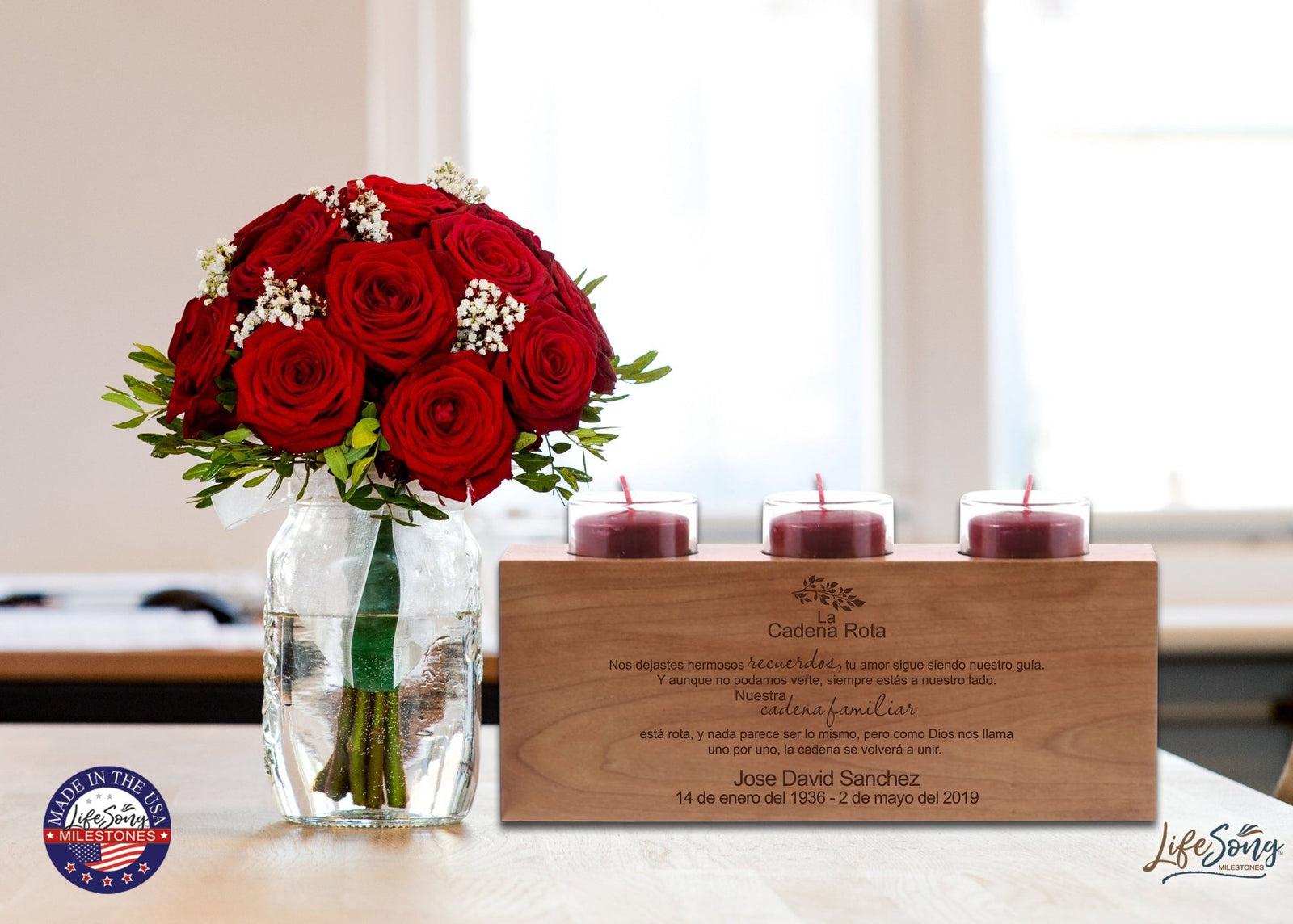 Remembrance Memorial 3 Candle Holder - Spanish Verse The Broken Chain - LifeSong Milestones