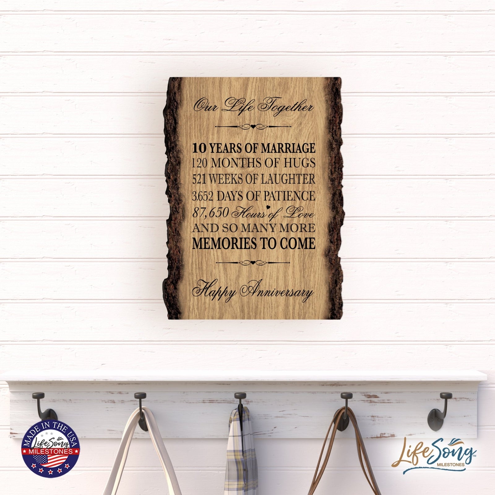Rustic Wedding Anniversary 9x12 Barky Wall Plaque Gift For Parents, Grandparents New Couple - 10 Years Of Marriage - LifeSong Milestones