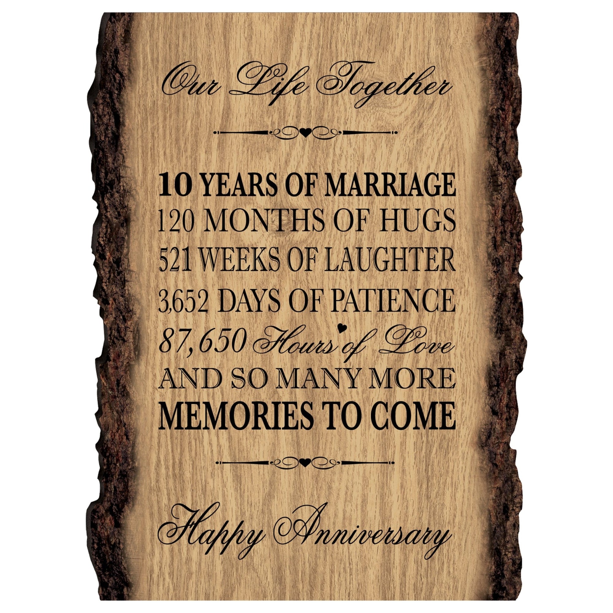 Rustic Wedding Anniversary 9x12 Barky Wall Plaque Gift For Parents, Grandparents New Couple - 10 Years Of Marriage - LifeSong Milestones