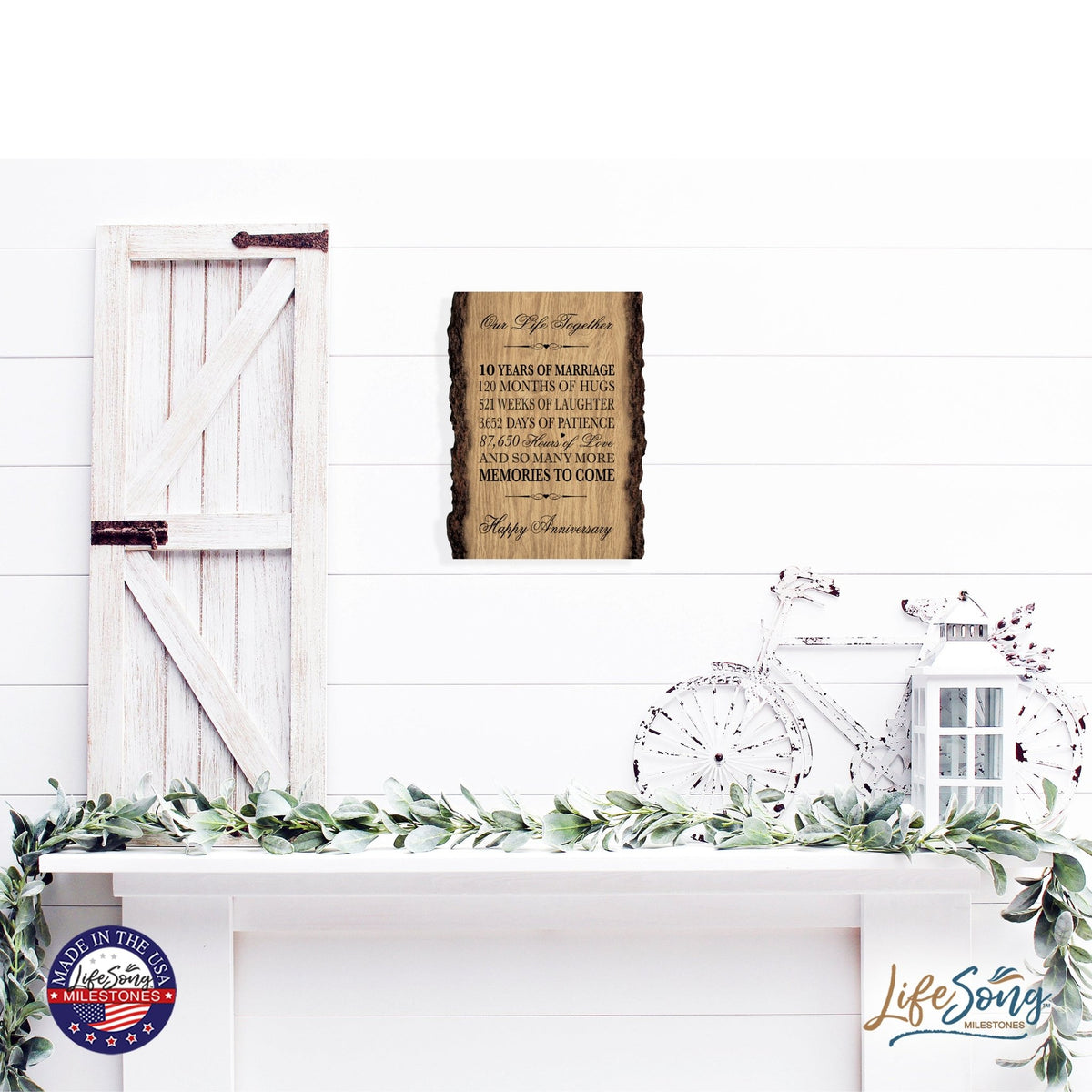 Rustic Wedding Anniversary 9x12 Barky Wall Plaque Gift For Parents, Grandparents New Couple - 10 Years Of Marriage - LifeSong Milestones