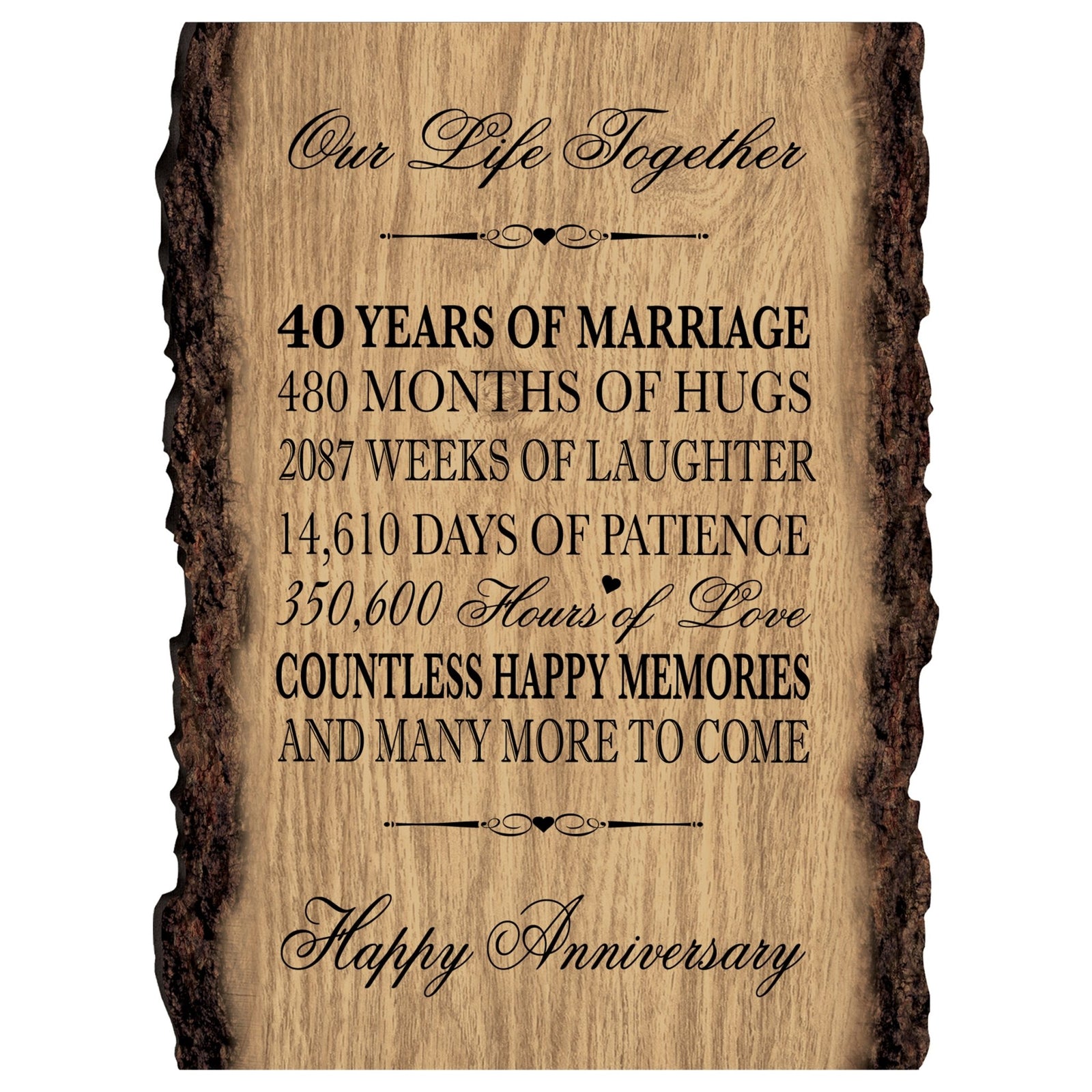 Rustic Wedding Anniversary 9x12 Barky Wall Plaque Gift For Parents, Grandparents New Couple - 40 Years Of Marriage - LifeSong Milestones