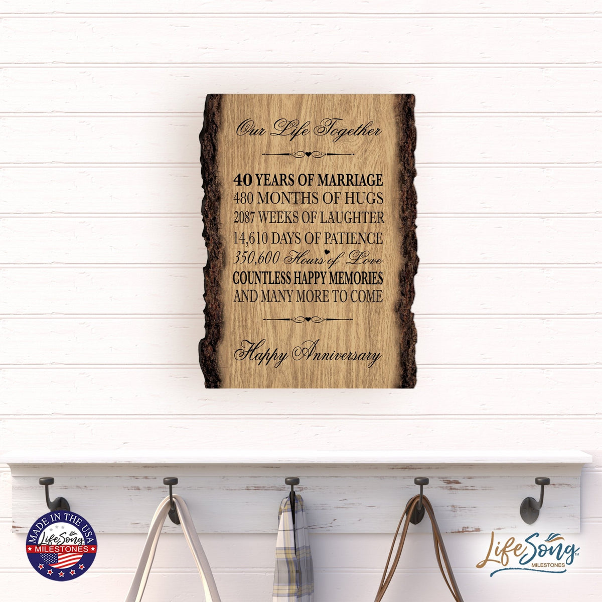 Rustic Wedding Anniversary 9x12 Barky Wall Plaque Gift For Parents, Grandparents New Couple - 40 Years Of Marriage - LifeSong Milestones