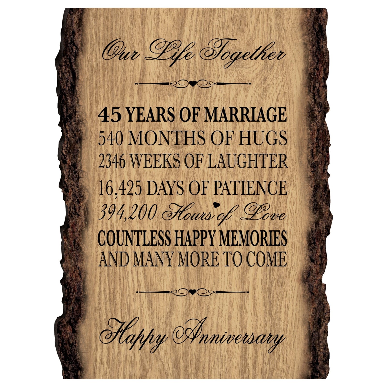 Rustic Wedding Anniversary 9x12 Barky Wall Plaque Gift For Parents, Grandparents New Couple - 45 Years Of Marriage - LifeSong Milestones