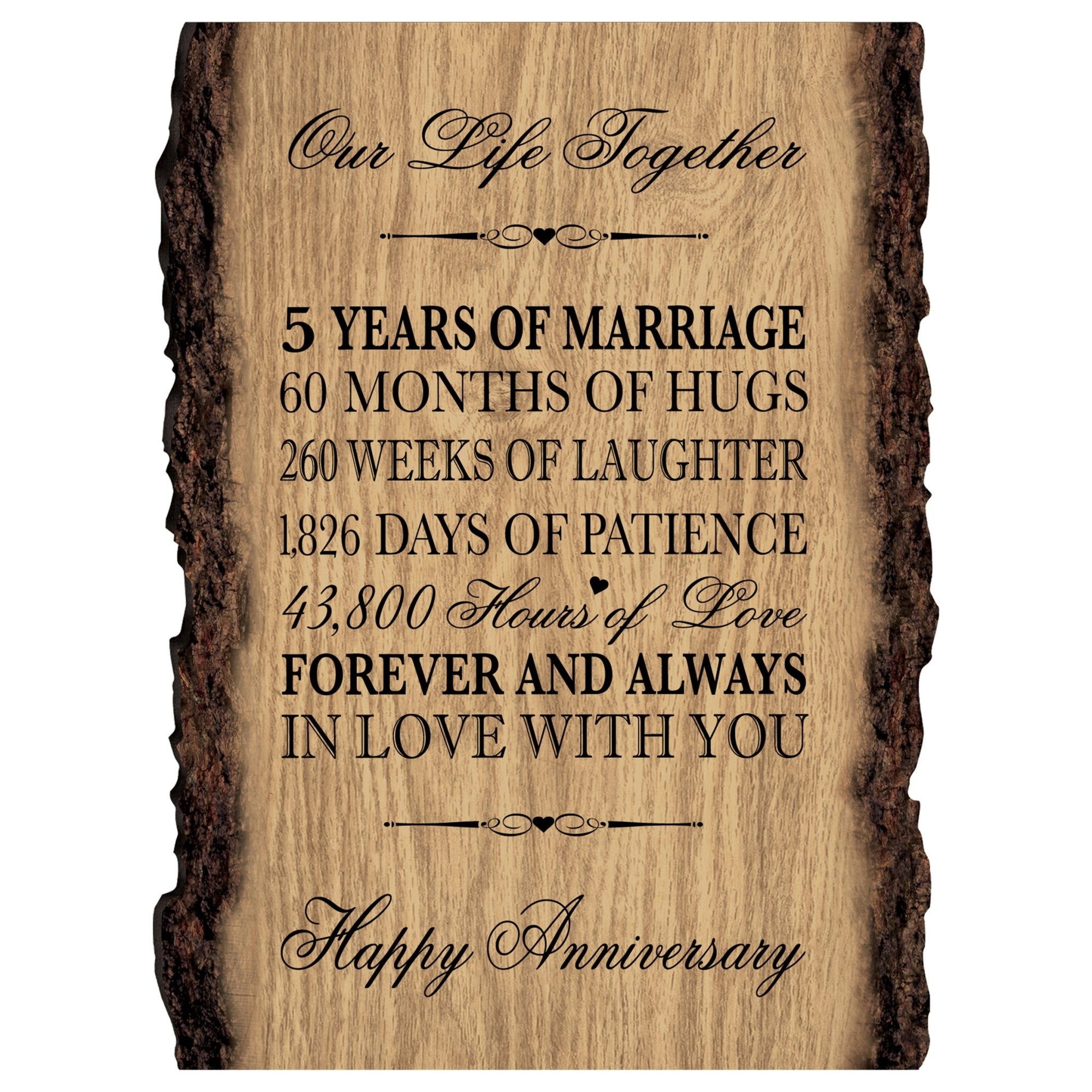 Rustic Wedding Anniversary 9x12 Barky Wall Plaque Gift For Parents, Grandparents New Couple - 5 Years Of Marriage - LifeSong Milestones