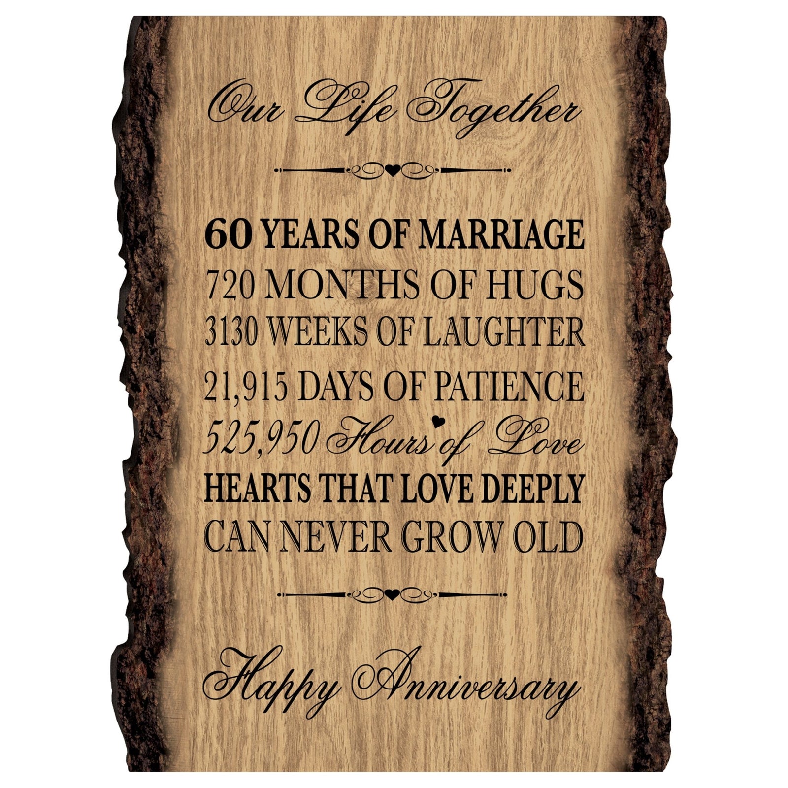 Rustic Wedding Anniversary 9x12 Barky Wall Plaque Gift For Parents, Grandparents New Couple - 60 Years Of Marriage - LifeSong Milestones