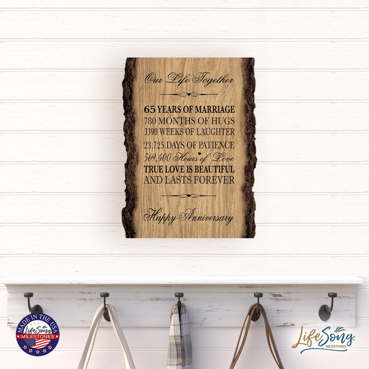 Rustic Wedding Anniversary 9x12 Barky Wall Plaque Gift For Parents, Grandparents New Couple - 65 Years Of Marriage - LifeSong Milestones