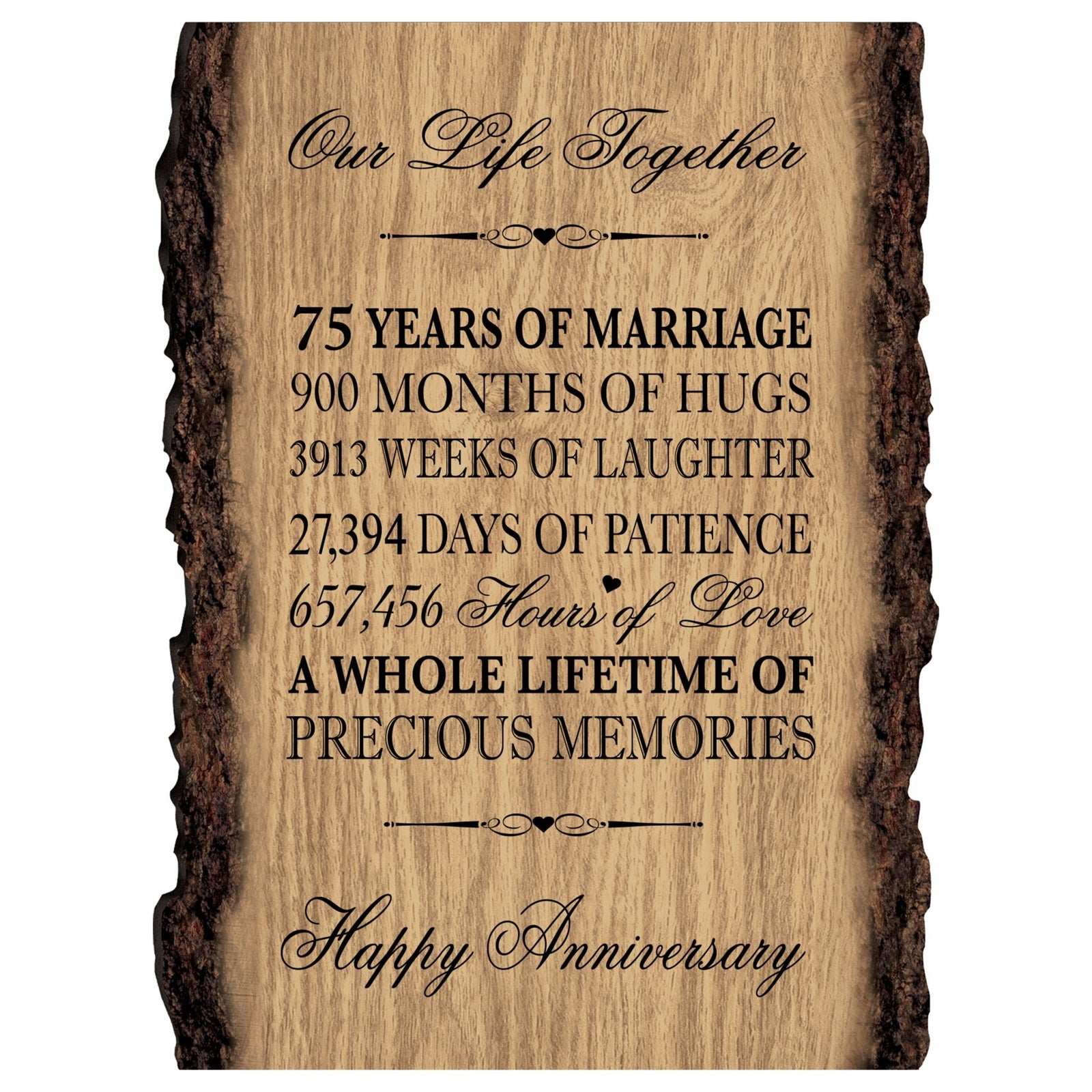 Rustic Wedding Anniversary 9x12 Barky Wall Plaque Gift For Parents, Grandparents New Couple - 75 Years Of Marriage - LifeSong Milestones