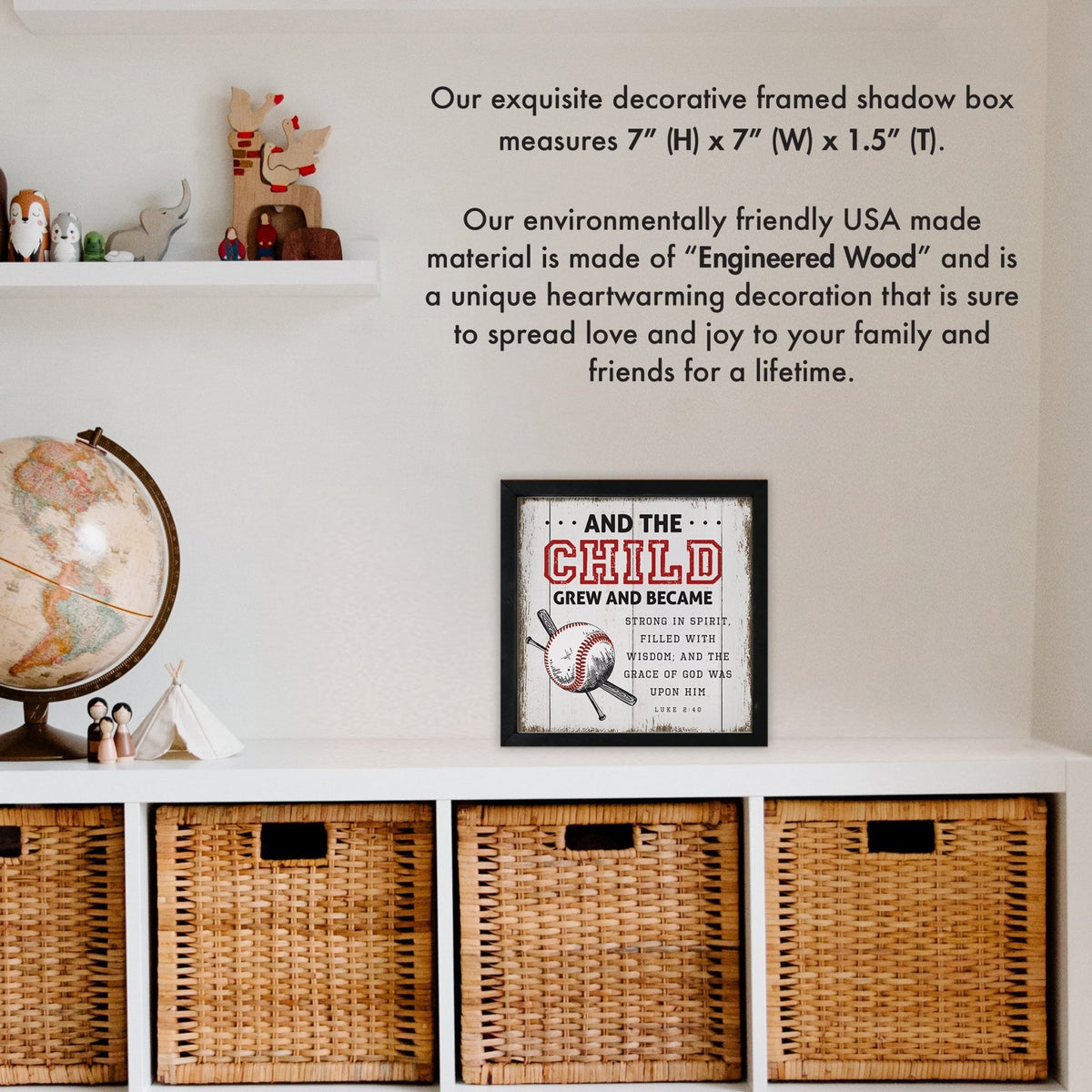 Rustic Wooden Baseball Framed Shadow Box Shelf Décor With Inspiring Bible Verses - And The Child - LifeSong Milestones