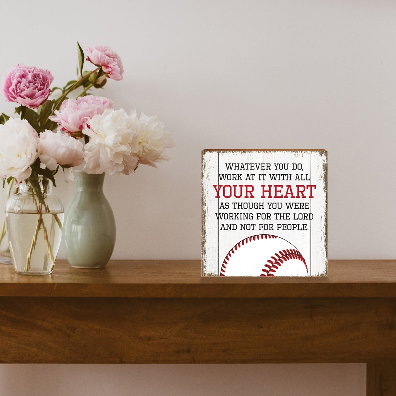 Rustic Wooden Baseball Shadow Box Shelf Décor With Inspiring Bible Verses - Whatever You Do - LifeSong Milestones