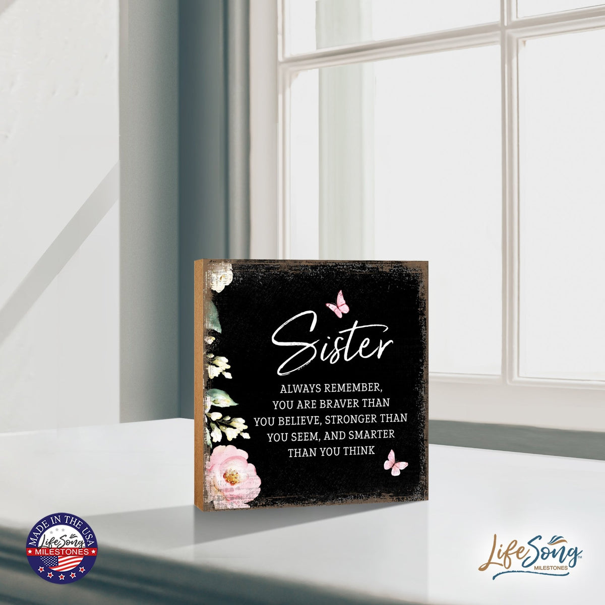 Sister Always Remember Floral 6x6 Inches Wood Family Art Sign Tabletop and Shelving For Home Décor - LifeSong Milestones