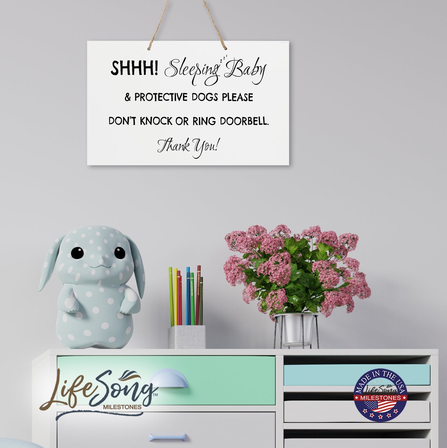 Sleeping Baby Rope Sign for Front Door - 8x12 - LifeSong Milestones