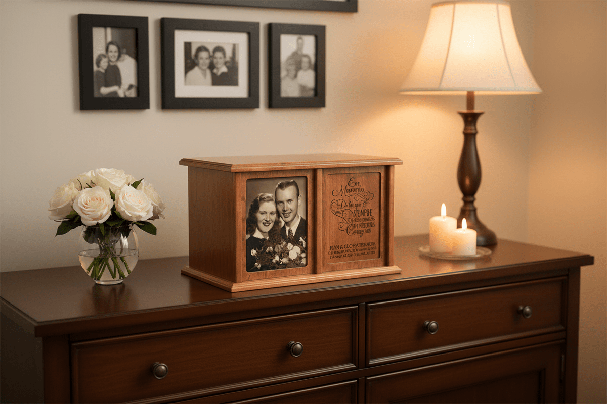 Spanish Cherry Wood Companion Urn – Personalized Double Cremation Urn for Two Adults | En Memoria | USA Made - LifeSong Milestones
