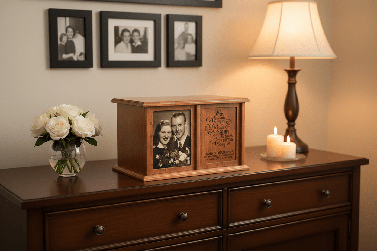Spanish Cherry Wood Companion Urn – Personalized Double Cremation Urn for Two Adults | En Memoria | USA Made - LifeSong Milestones