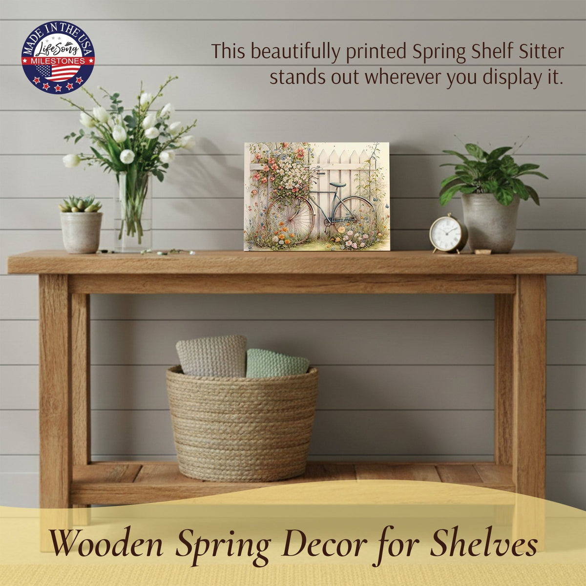 Spring Bike Shelf Sitter - Rustic Wooden Home Décor for Farmhouse & Seasonal Display - LifeSong Milestones