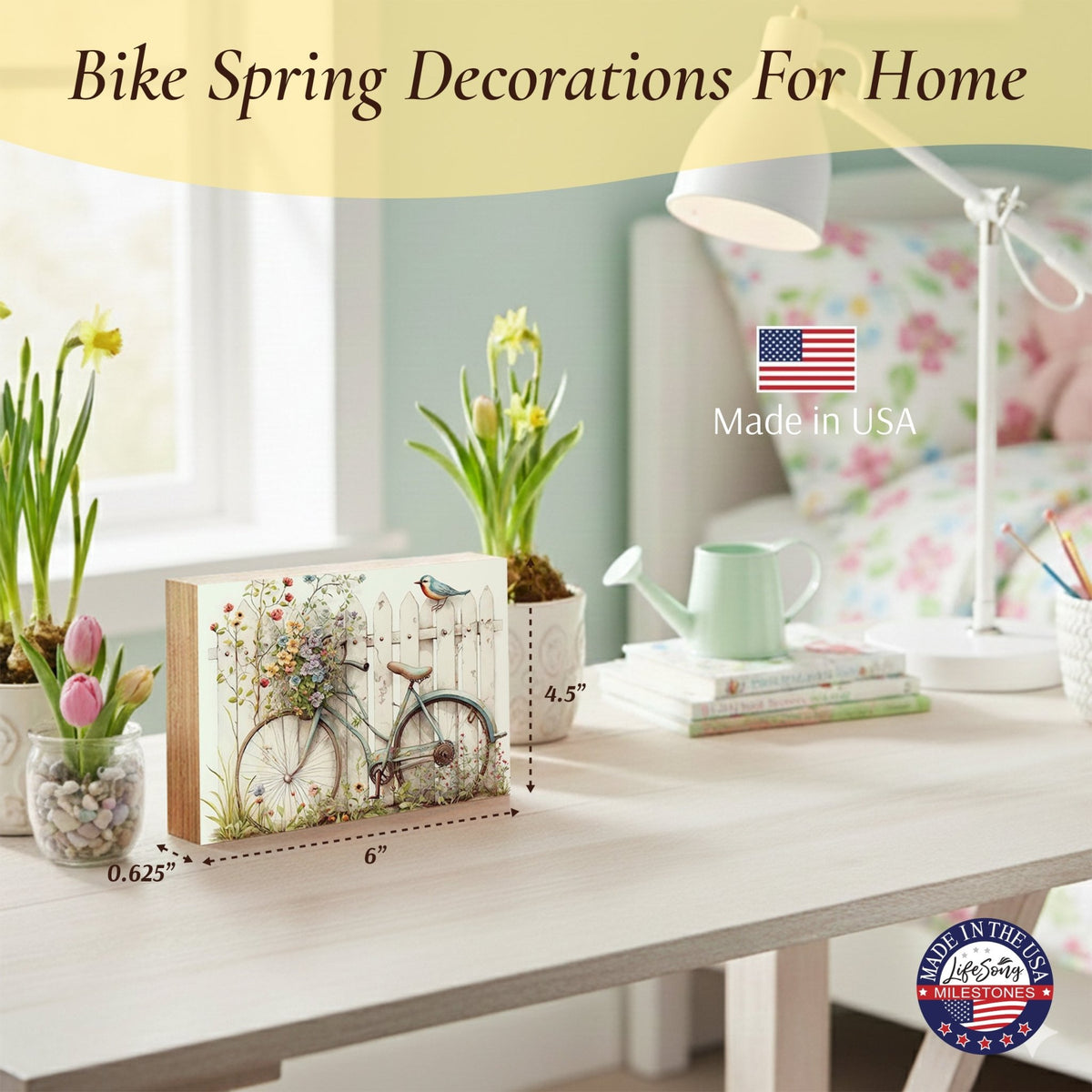Spring Bike Shelf Sitter - Rustic Wooden Home Décor for Farmhouse & Seasonal Display - LifeSong Milestones