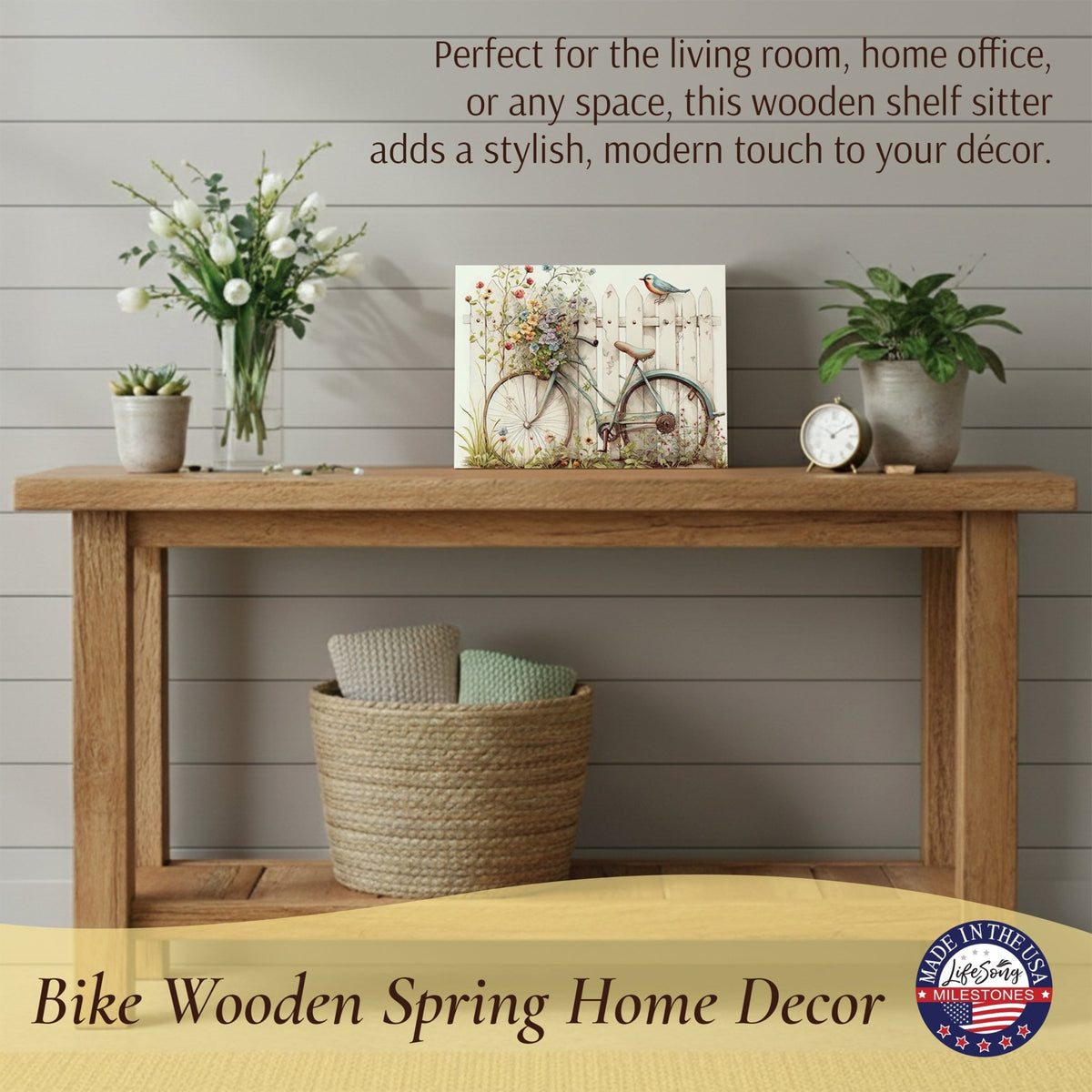 Spring Bike Shelf Sitter - Rustic Wooden Home Décor for Farmhouse & Seasonal Display - LifeSong Milestones