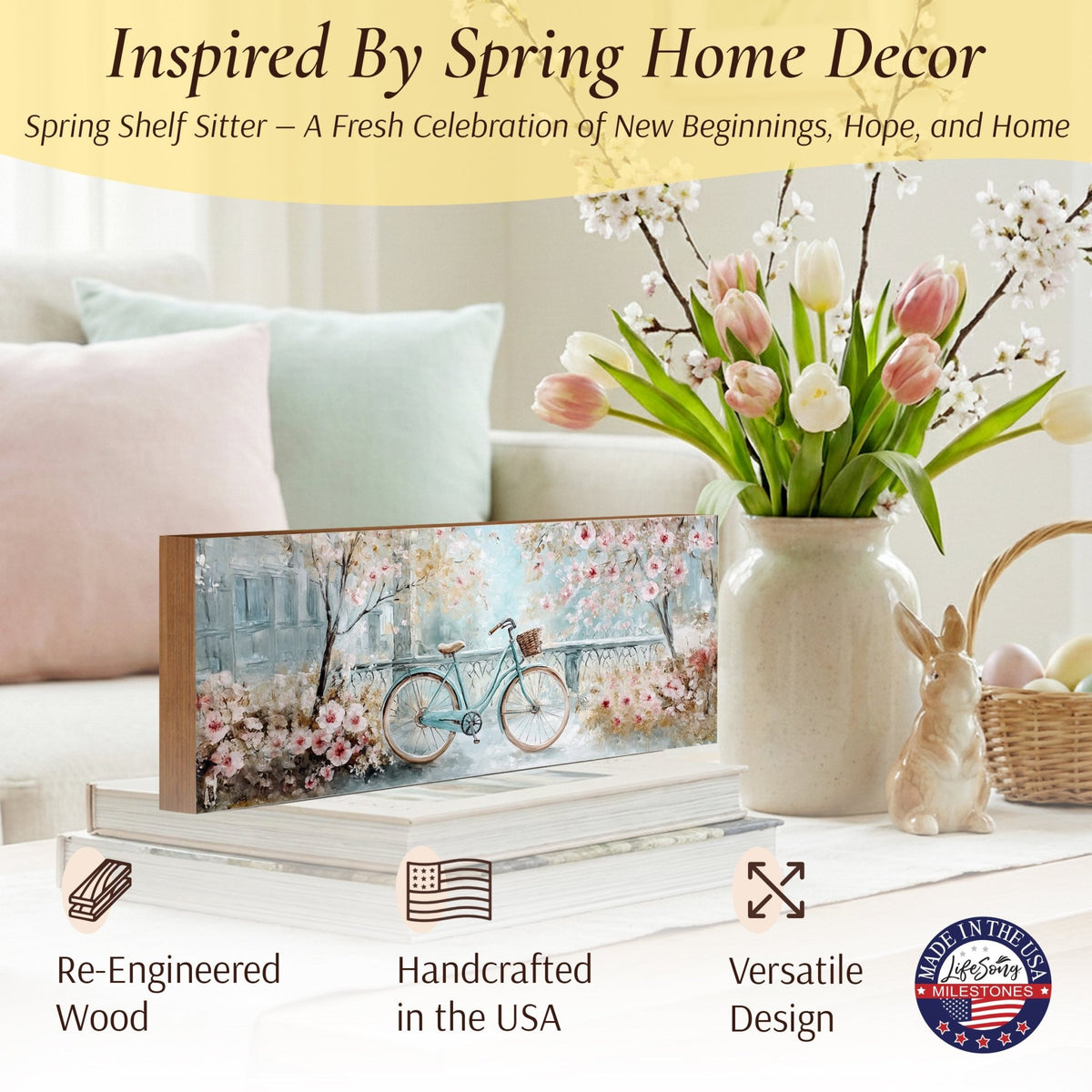 Spring Bike Shelf Sitter - Rustic Wooden Home Décor for Farmhouse & Seasonal Display - LifeSong Milestones