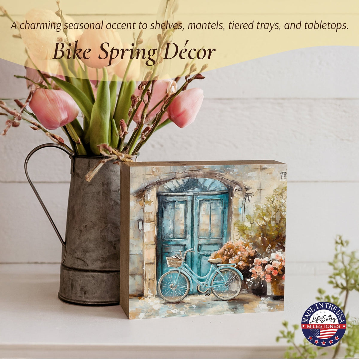 Spring Bike Shelf Sitter - Rustic Wooden Home Décor for Farmhouse & Seasonal Display - LifeSong Milestones