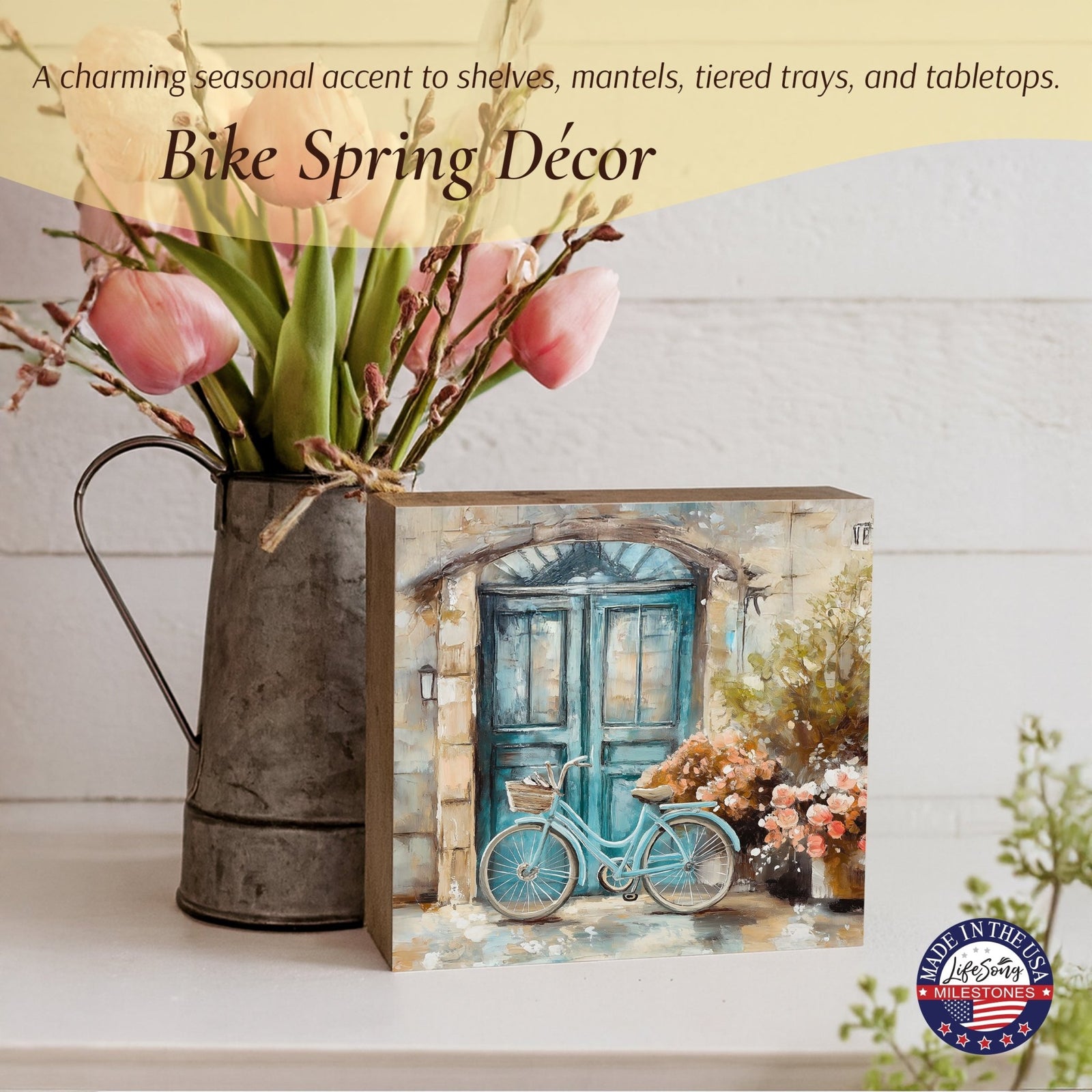 Spring Bike Shelf Sitter - Rustic Wooden Home Décor for Farmhouse & Seasonal Display - LifeSong Milestones