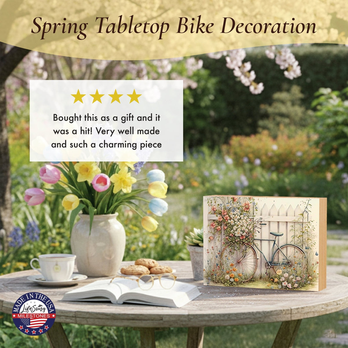 Spring Bike Shelf Sitter - Rustic Wooden Home Décor for Farmhouse & Seasonal Display - LifeSong Milestones